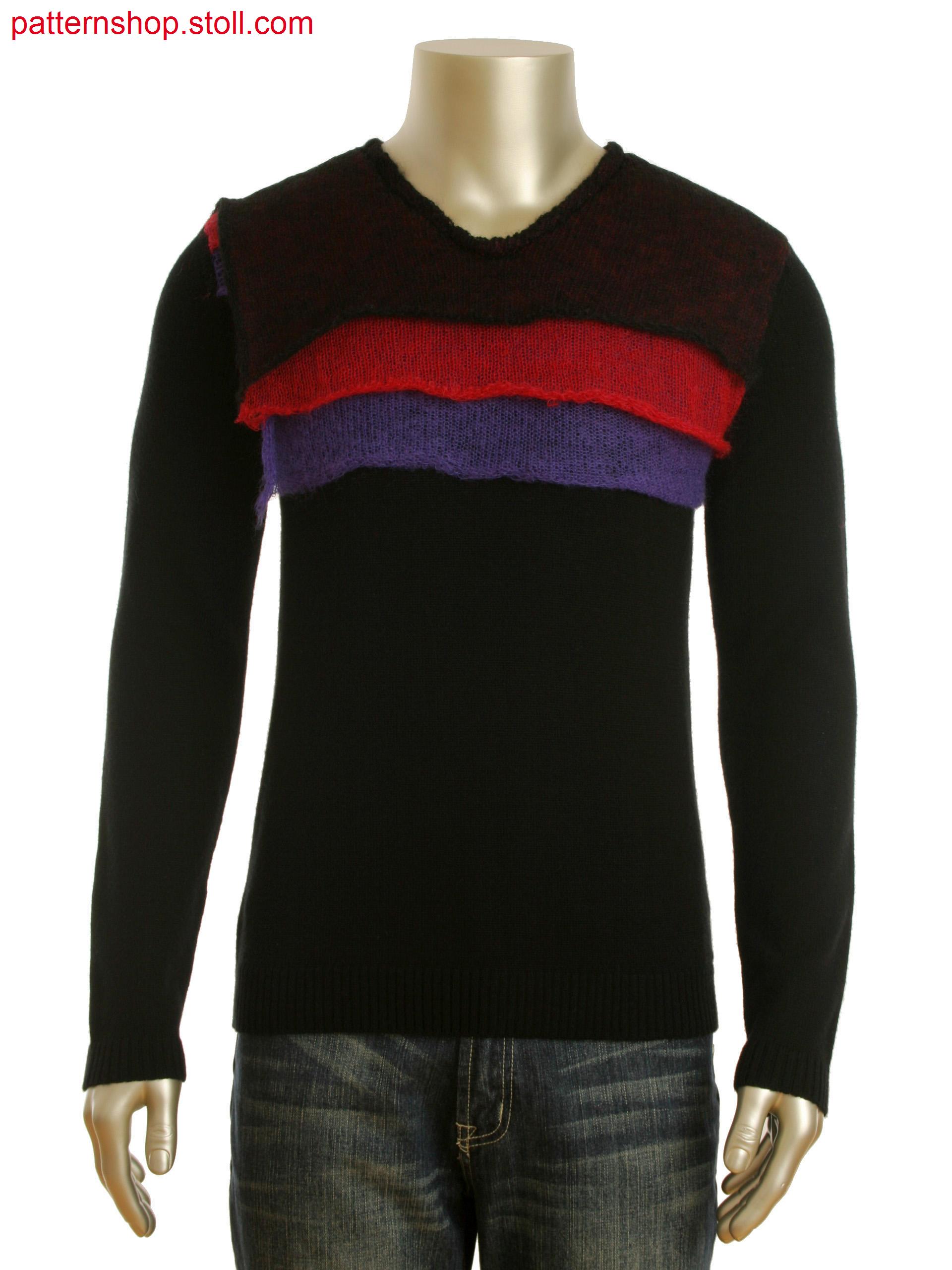 Fully Fashion V-neck pullover with contrast color flaps in 3layer technique