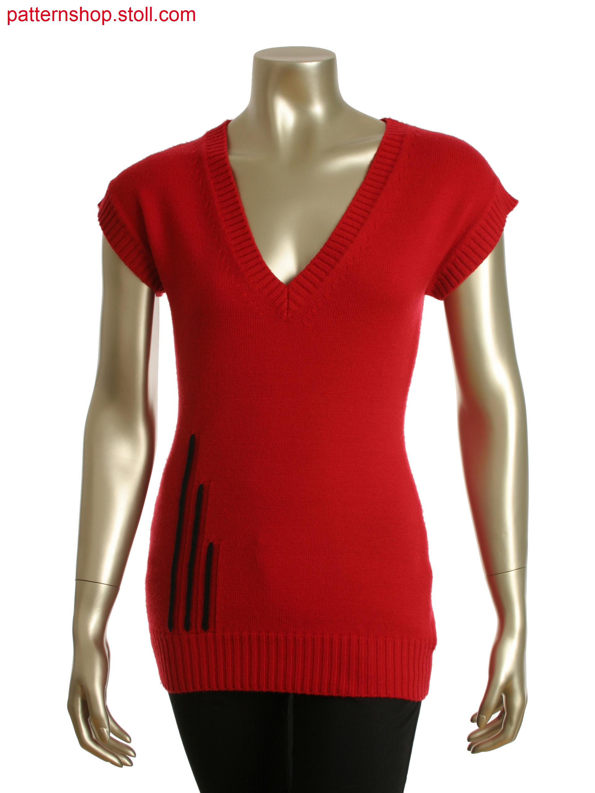 Stoll-multi gauges&reg Fully Fashion sleeveless V-neck intarsia pullover with back slit fancy stitch