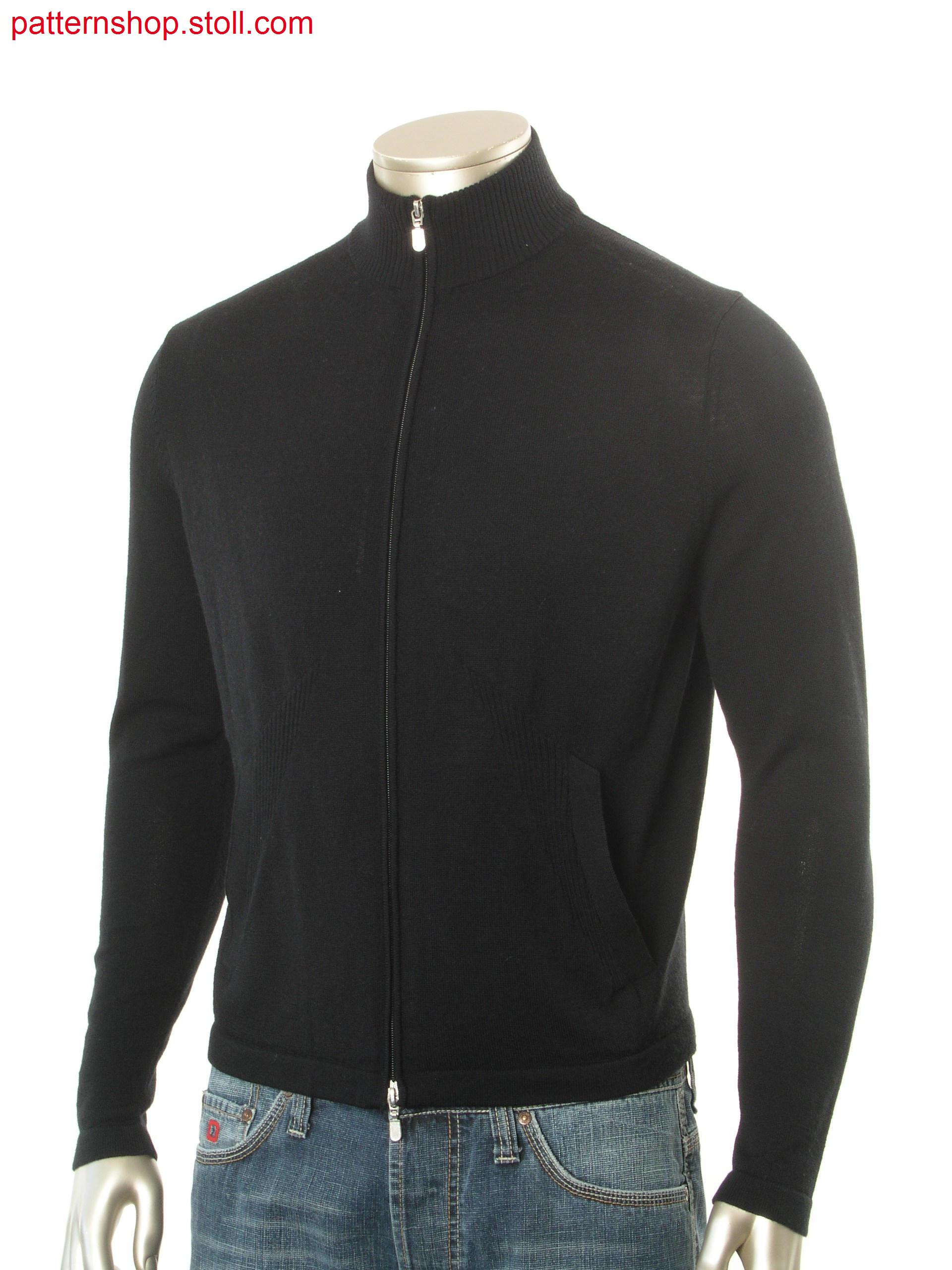 Fully Fashion cardigan with slant pocket, 2-color hering bone jacquard inside, body shaping by 2x2 rib.