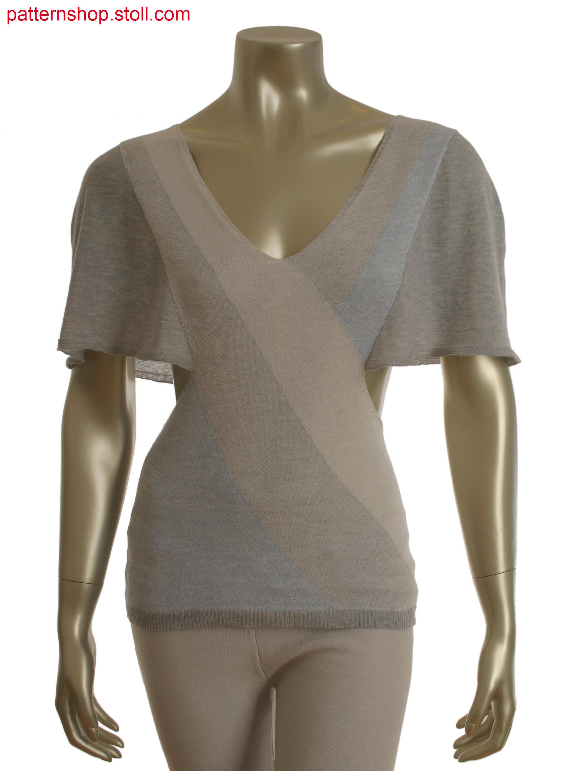 Fully Fashion pullover in 3-color structure intarsia and shaped volumed sleeve