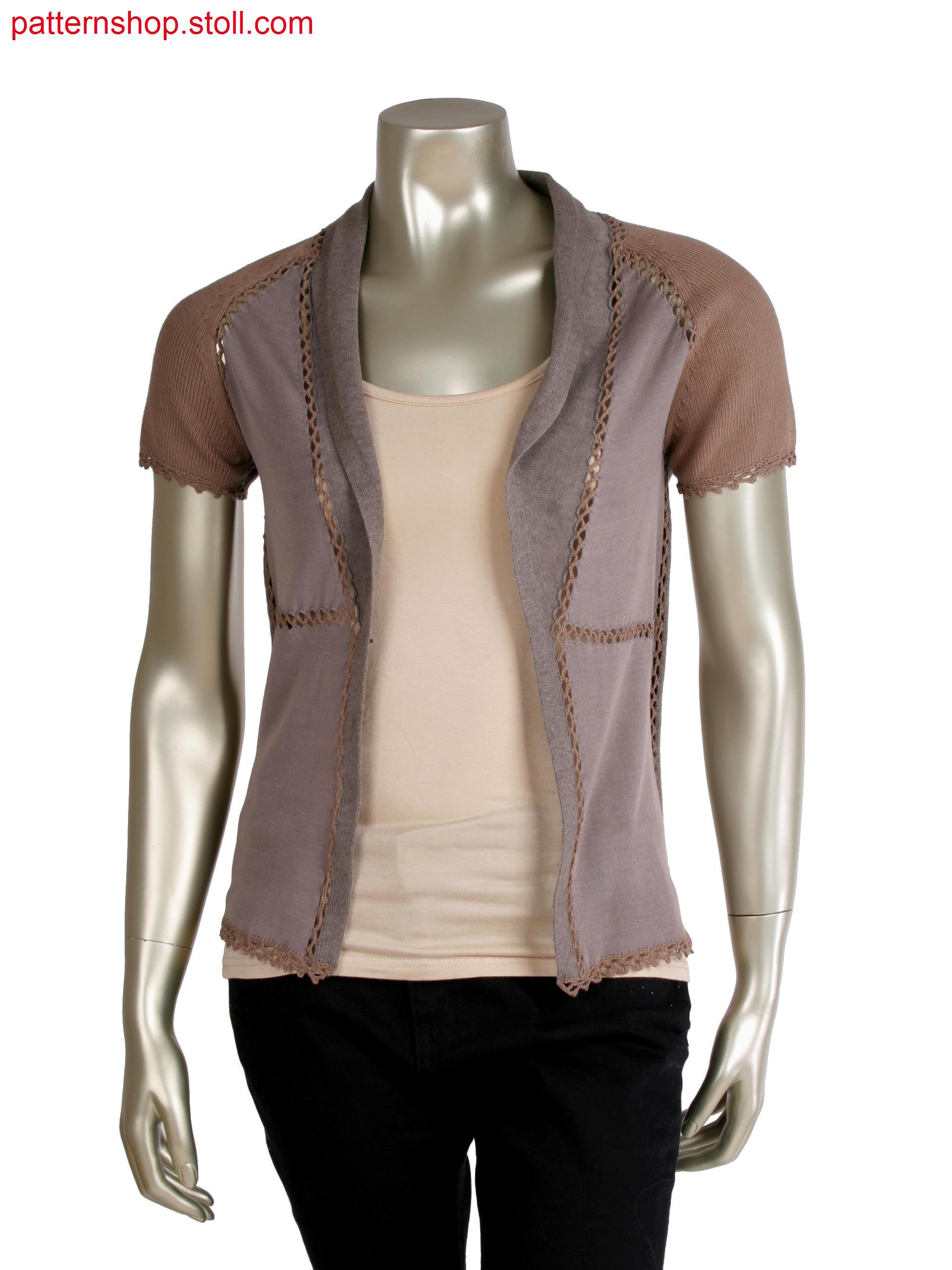 Fully Fashion jacket with shawl collar, patches knitted ondifferent machines, connection by crochet