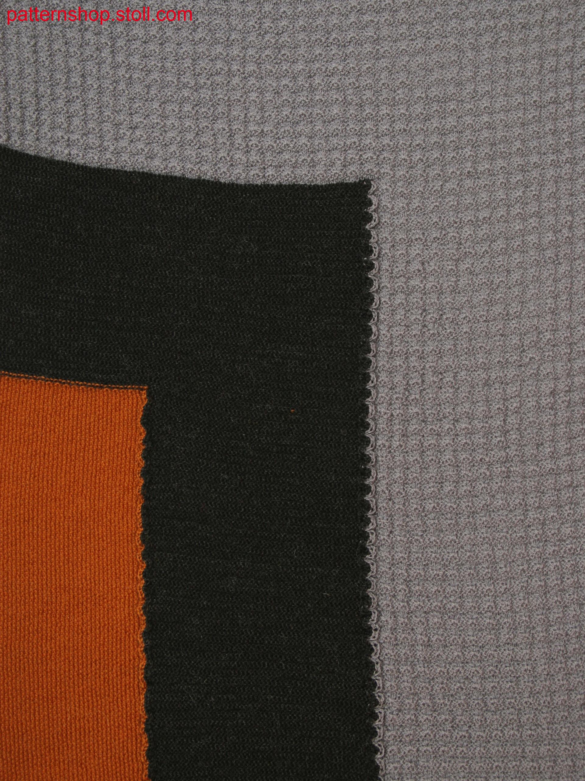 Knitted fabric in 3-color intarsia with individal structures (rice grain, links/links, tucks)