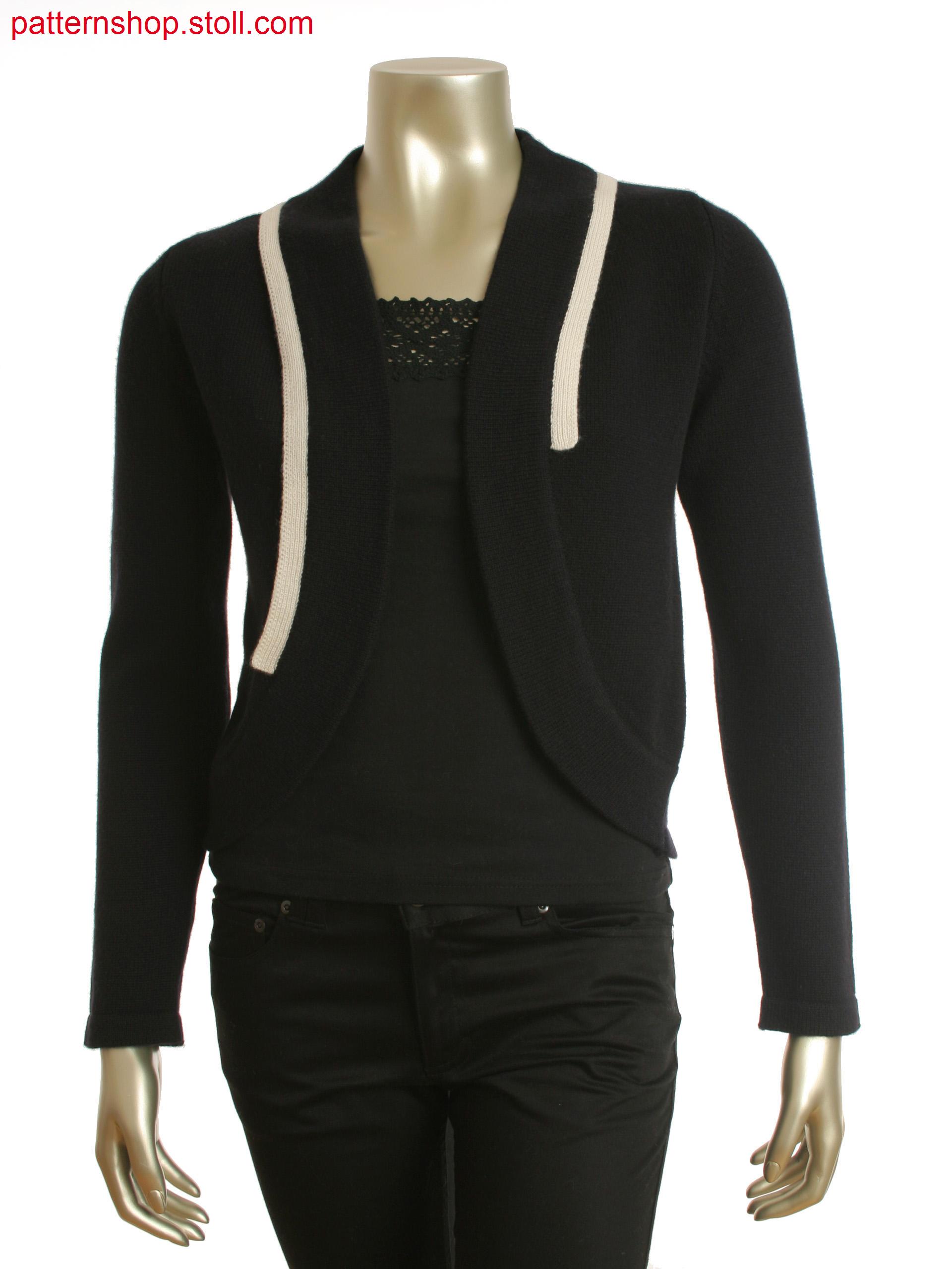 Black single jersey cardigan, curved front panels, with a striped back panel.