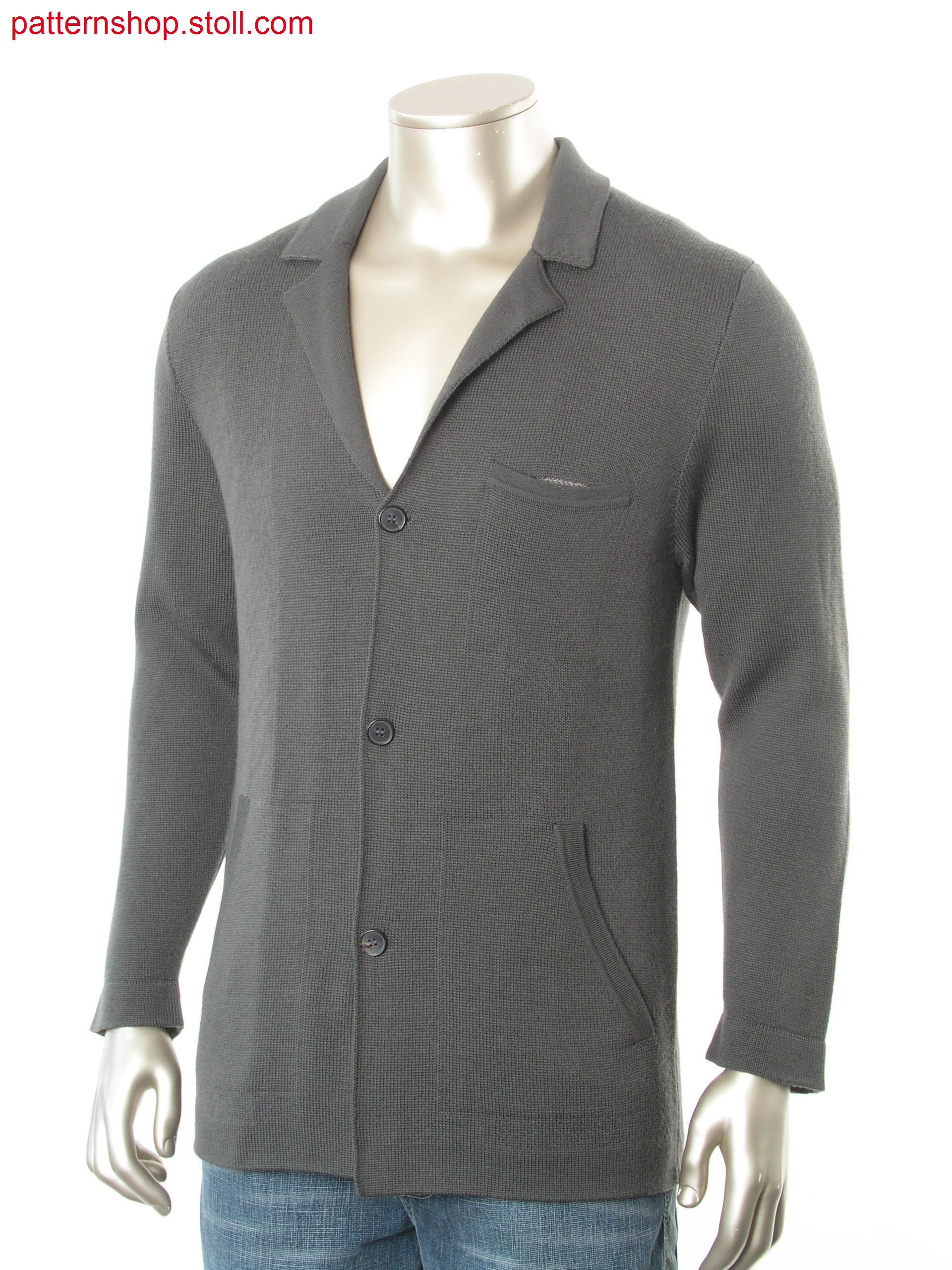 Fully Fashion tailored jacket with lapel collar, pocket and 2-color jacquard inside, cuff slit and shaped elbow.