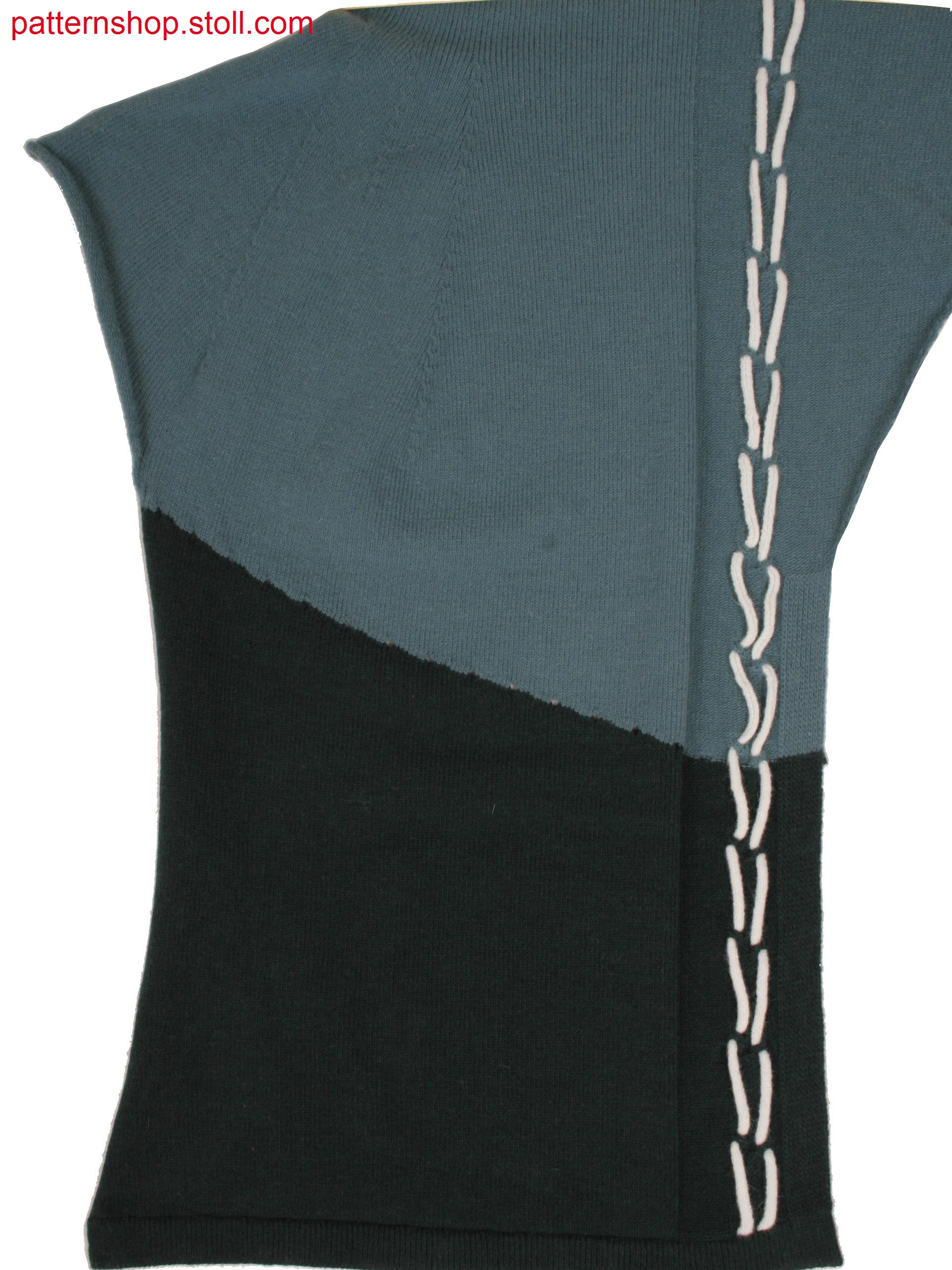 Swatch in 1x1 technique, shaping with gore, Fair Isle technique and stitch doubling after tubular start