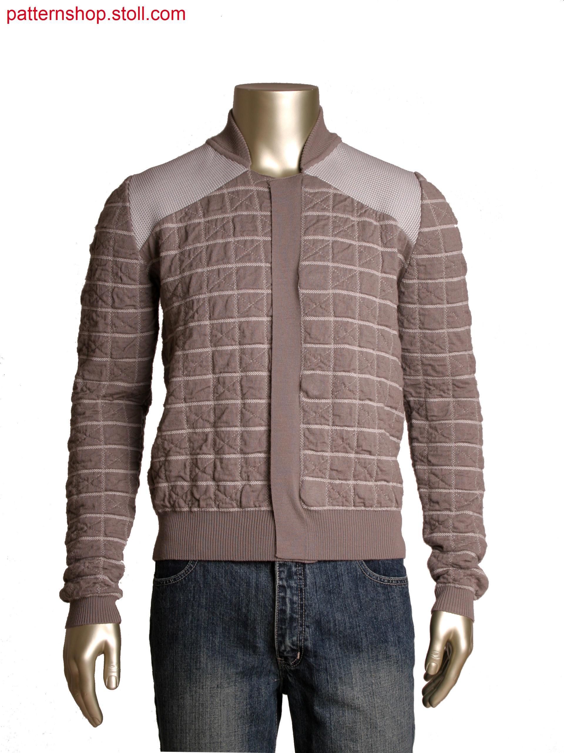 Fully Fashion 2-colour cardigan with quilted effect by tubular jacquard, high temperature melting yarn as logo effect