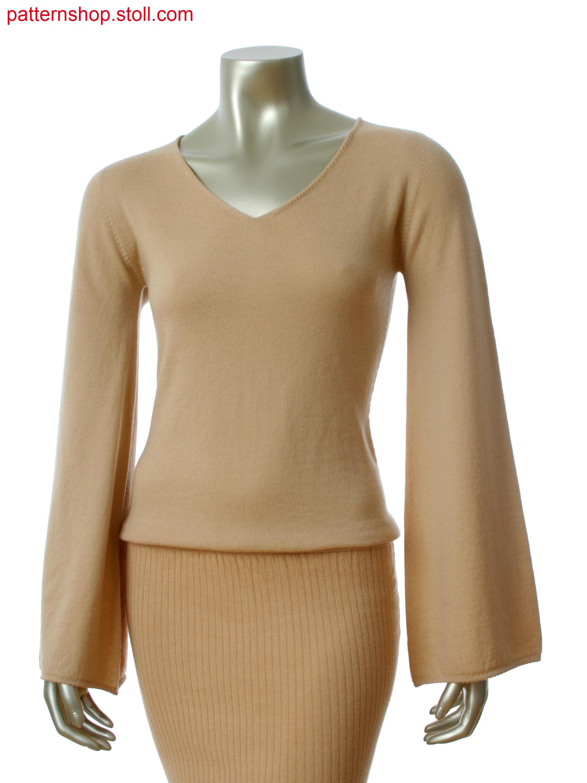 Stoll-knit and wear&reg Pullover with single jersey in all needle, saddle shoulder and trumpet sleeve