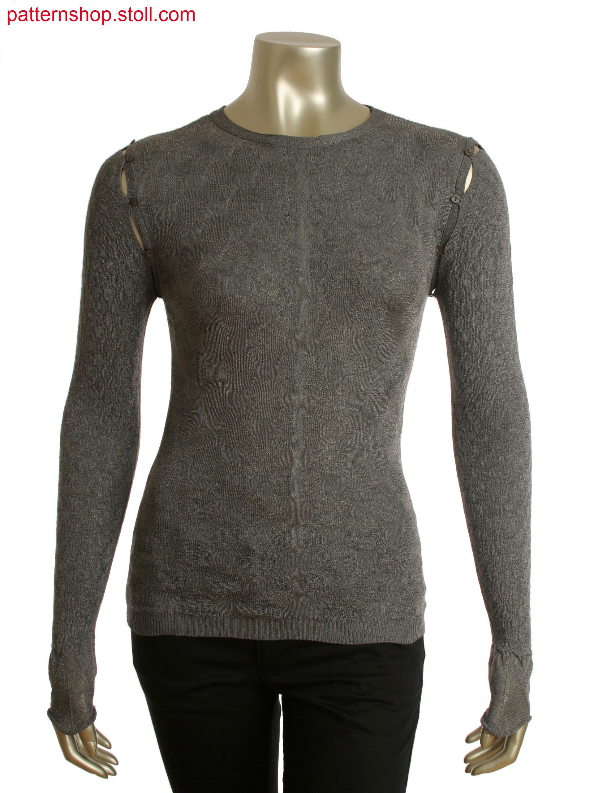 Fully Fashion top in interlock and rib structure. Detachablesleeves with integral button loops.