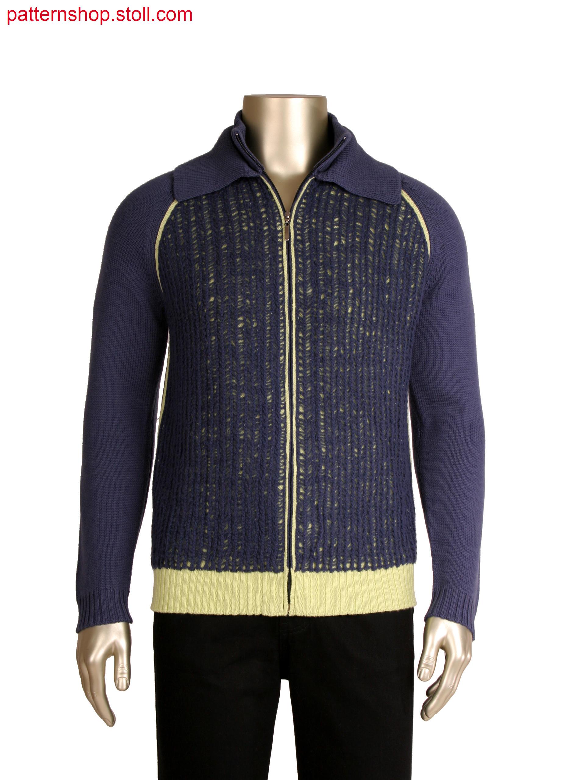 Fully fashion cardigan in 1x1 technique, net structure as layer technique