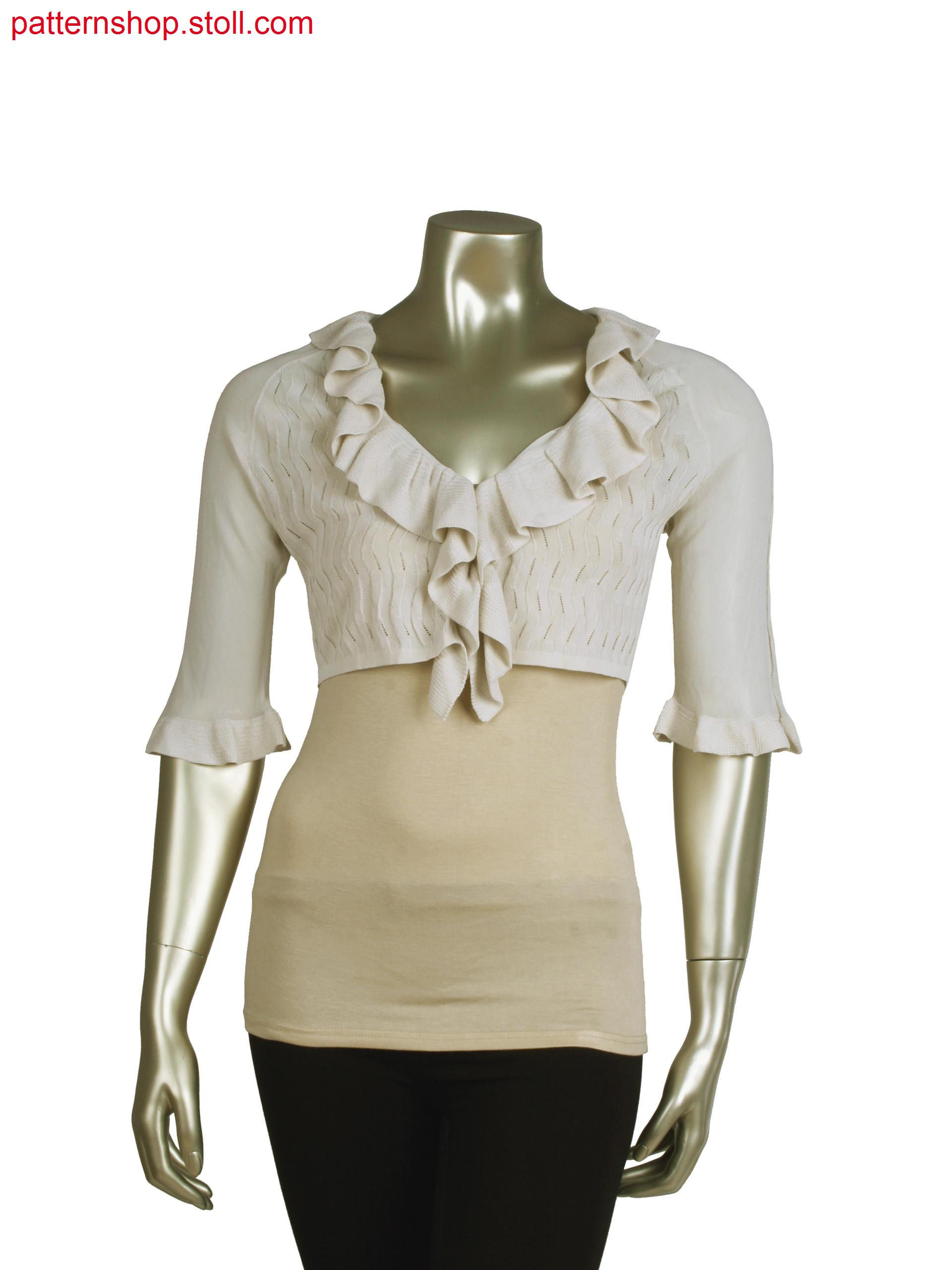 Fully Fashion bolero in transfer structure, racked full cardigan structure for frilled trim