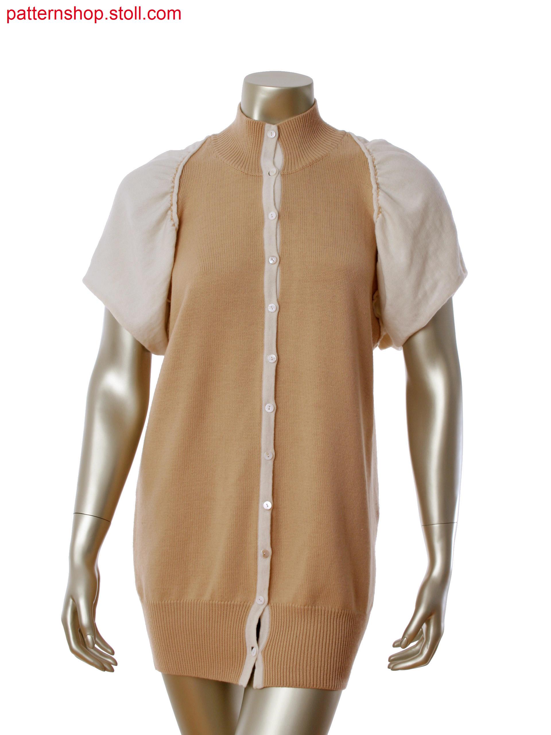 Fully Fashion long cardigan with single jersey, intarsia with gore technique and sleeve knitted with body