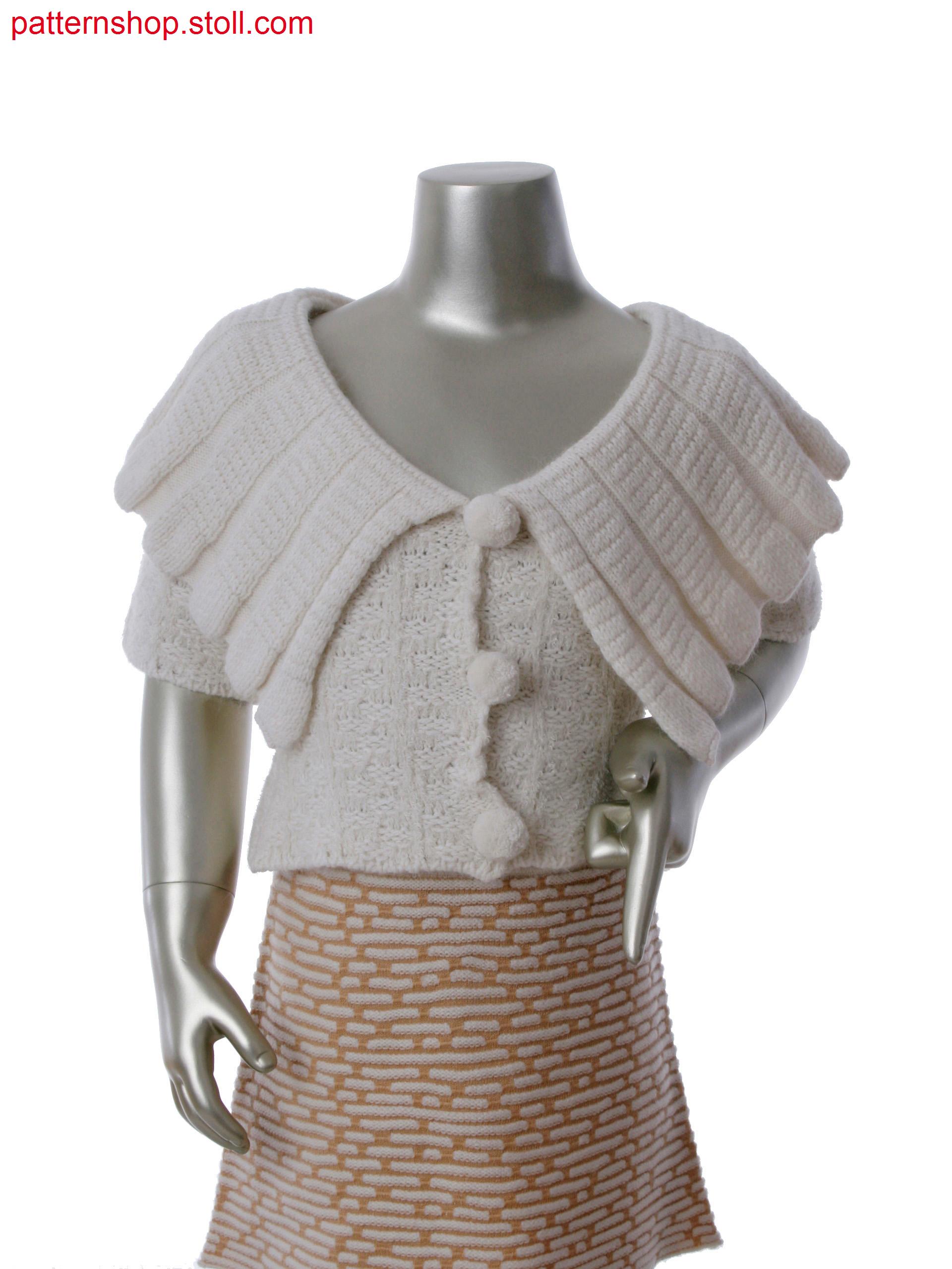 Fully Fashion cardigan with 2-color structure. Collar in cast off technique and fair isle narrowing.