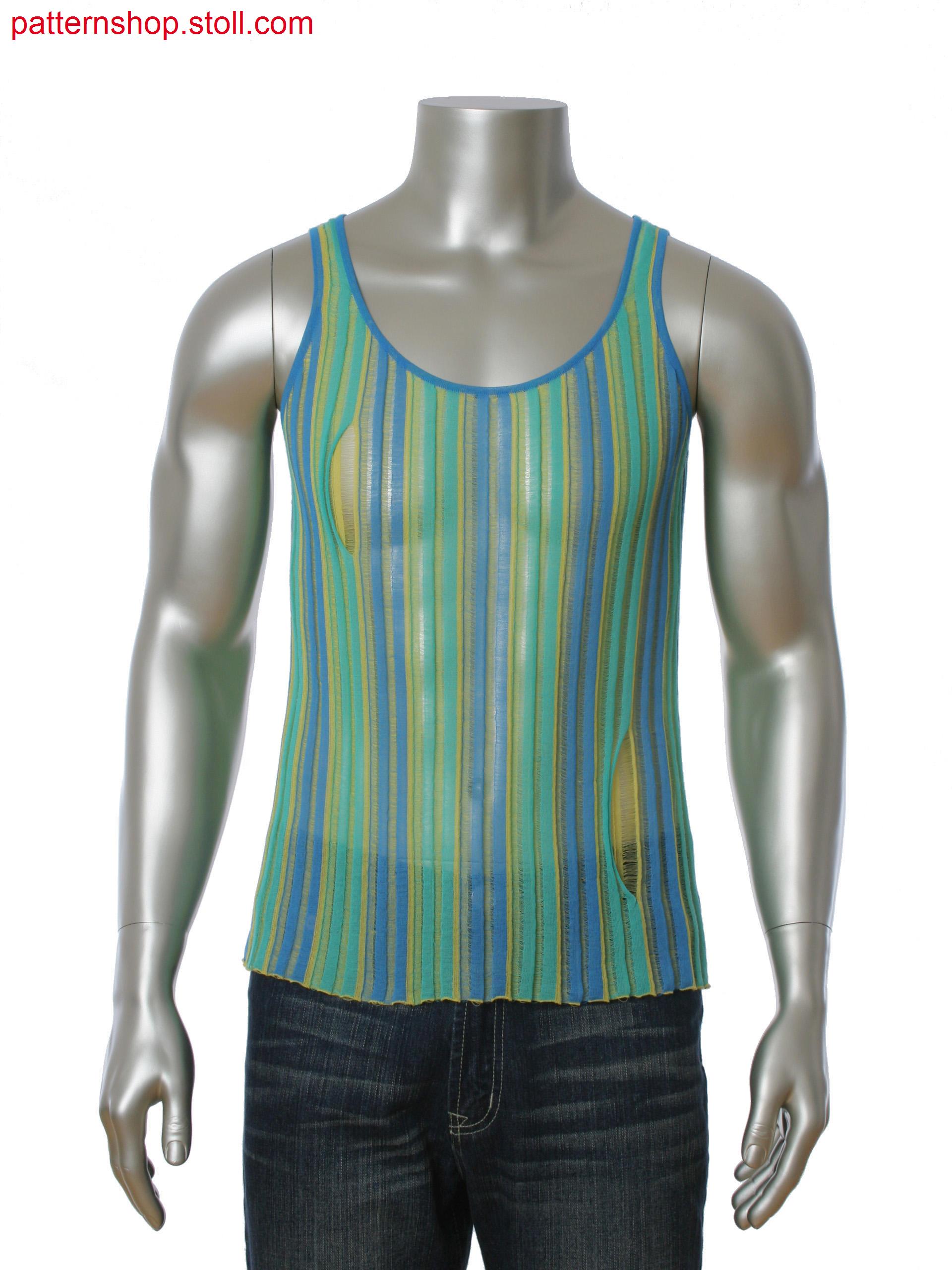 Cut and Sew 3-color intarsia tank-top (16IYF). Float structure and slit opening.