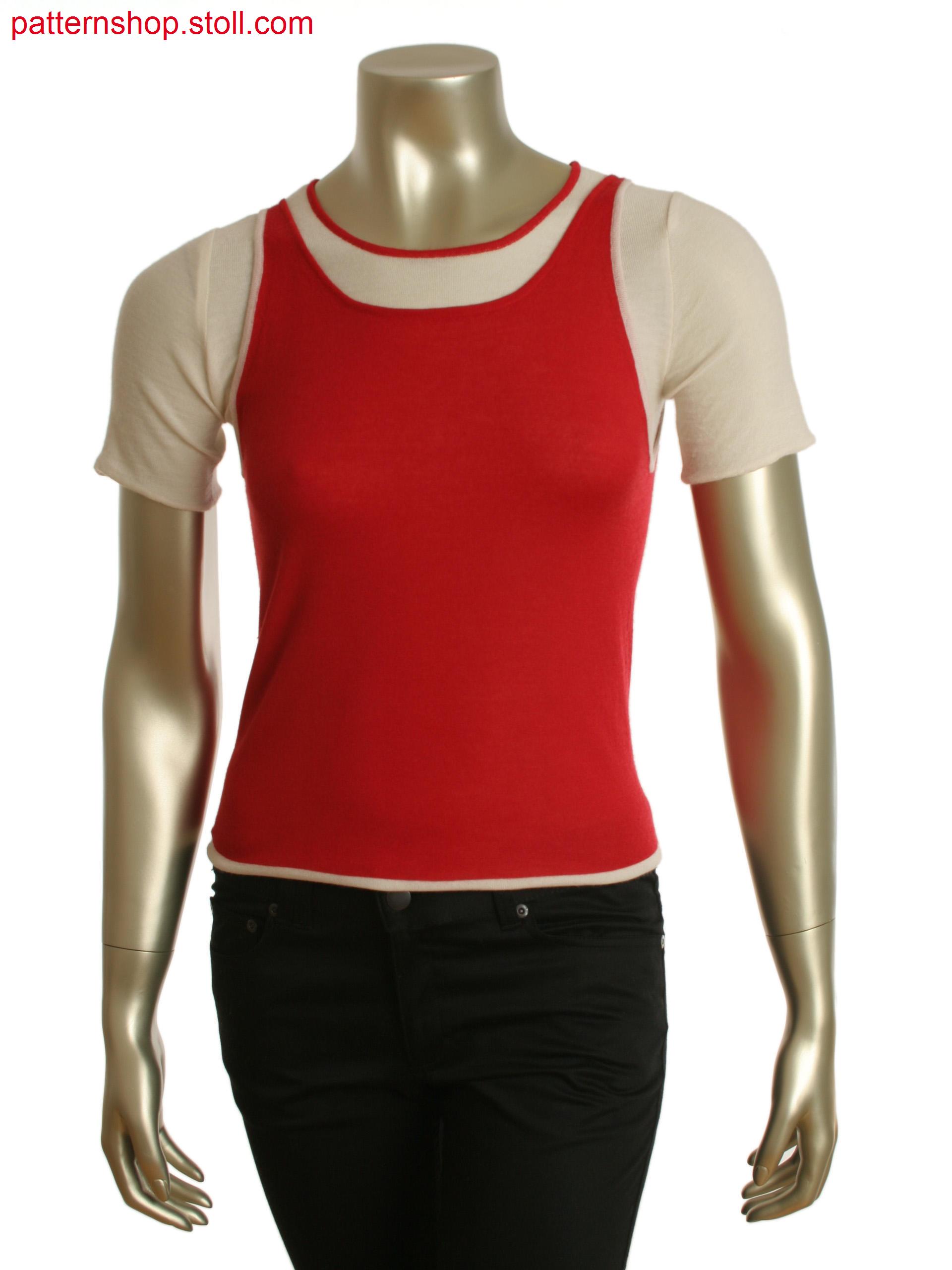 Double layered garment, short sleeve crew underneath with a vest on top