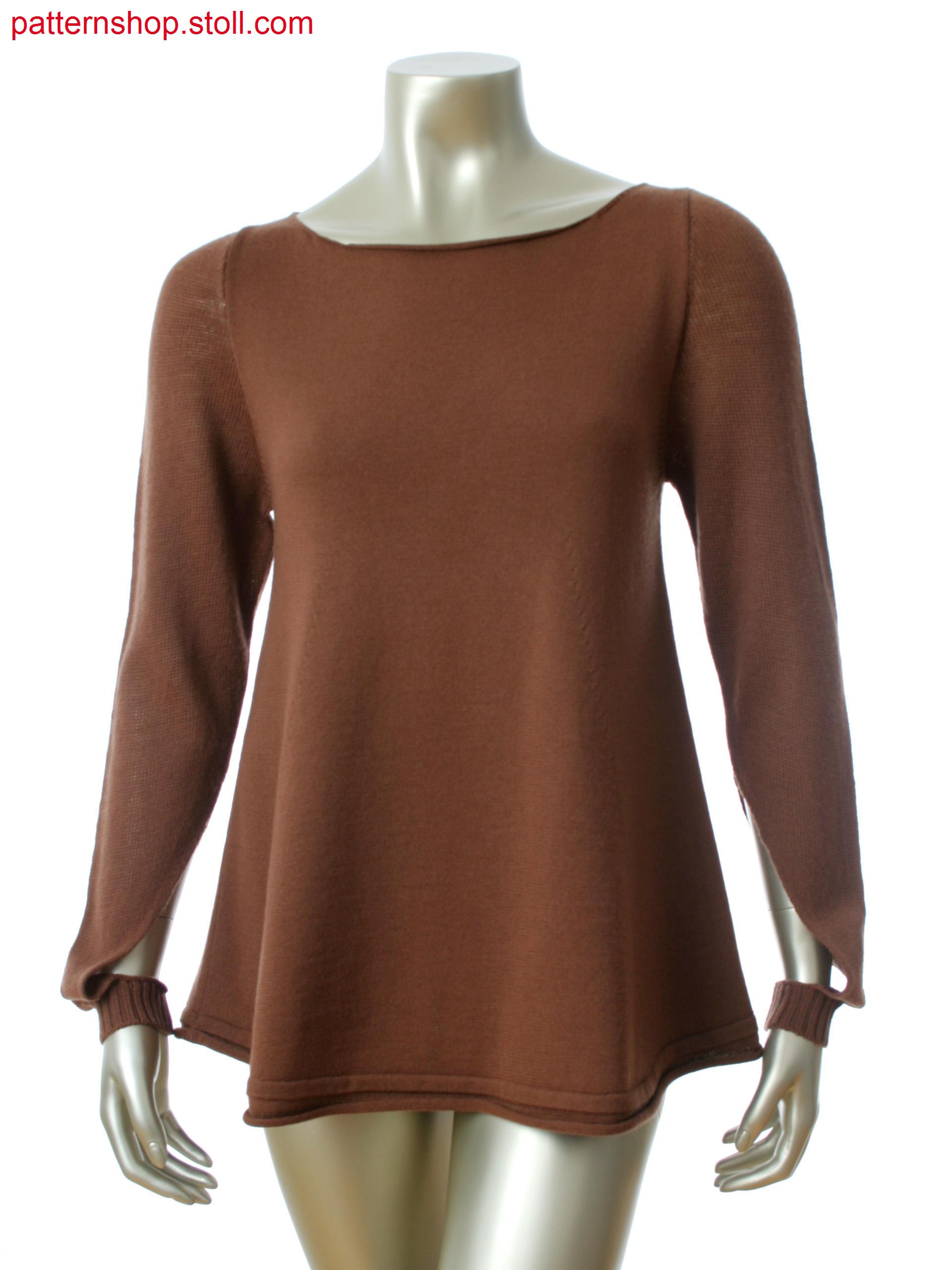 Fully Fashion pullover. Body with rolling edge start. Sleevein 1x1 technique with long side slit.