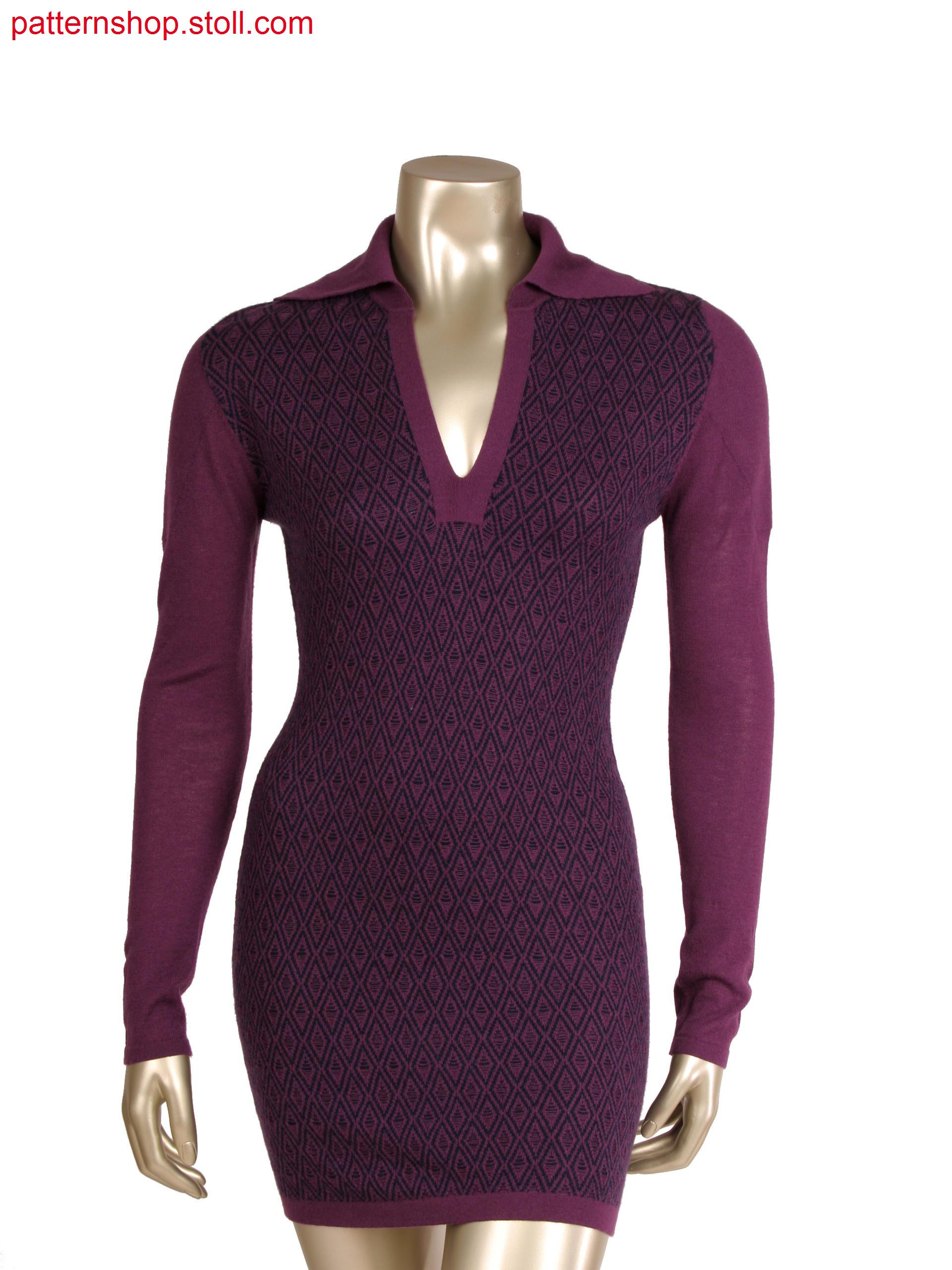 Fully Fashion dress with integrated collar placket in interlock structure, 2 colour float jacquard