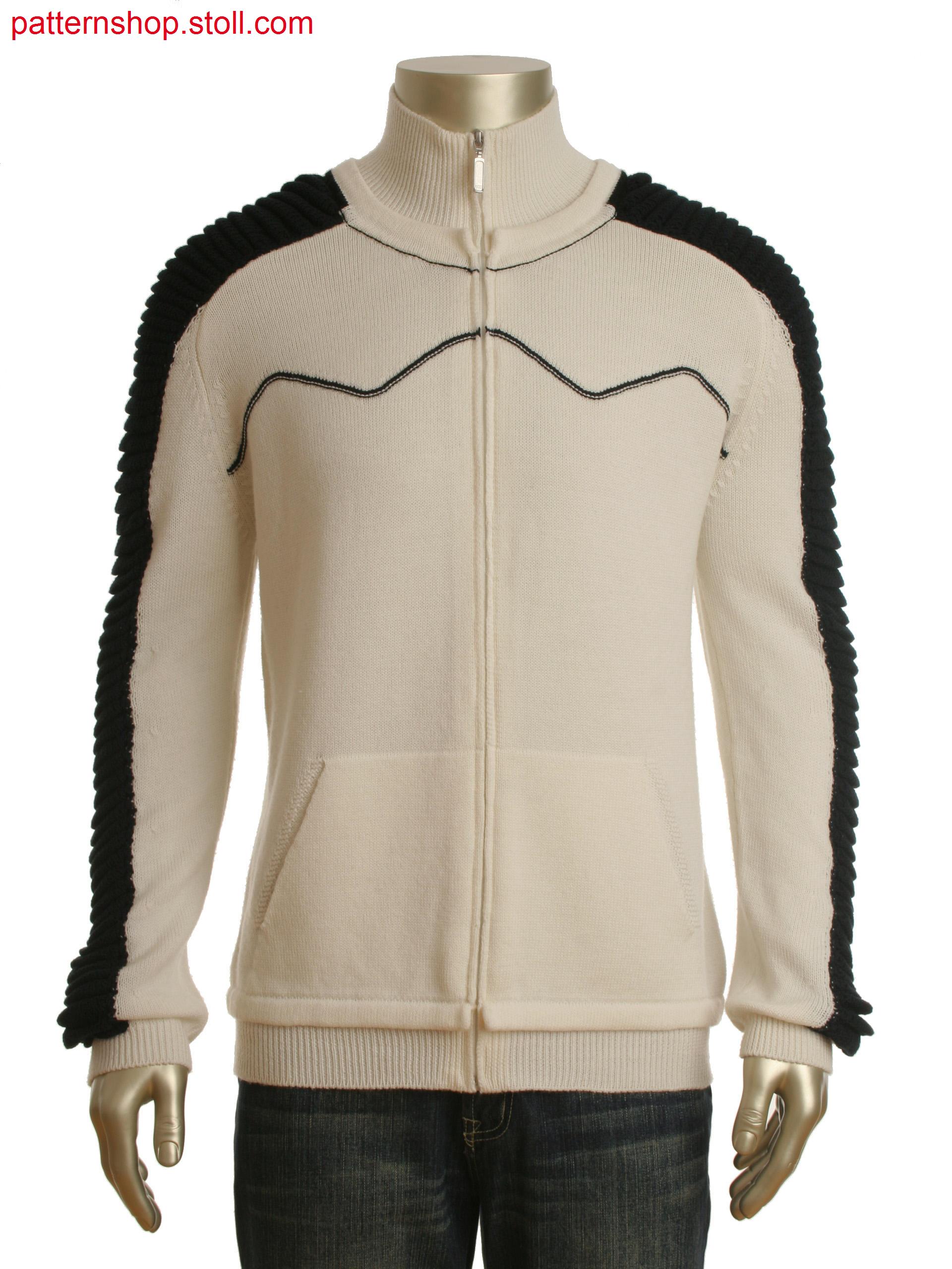 Fully Fashion cardigan with zig-zag goring stripe at front and intarsia ripple structure at sleeve