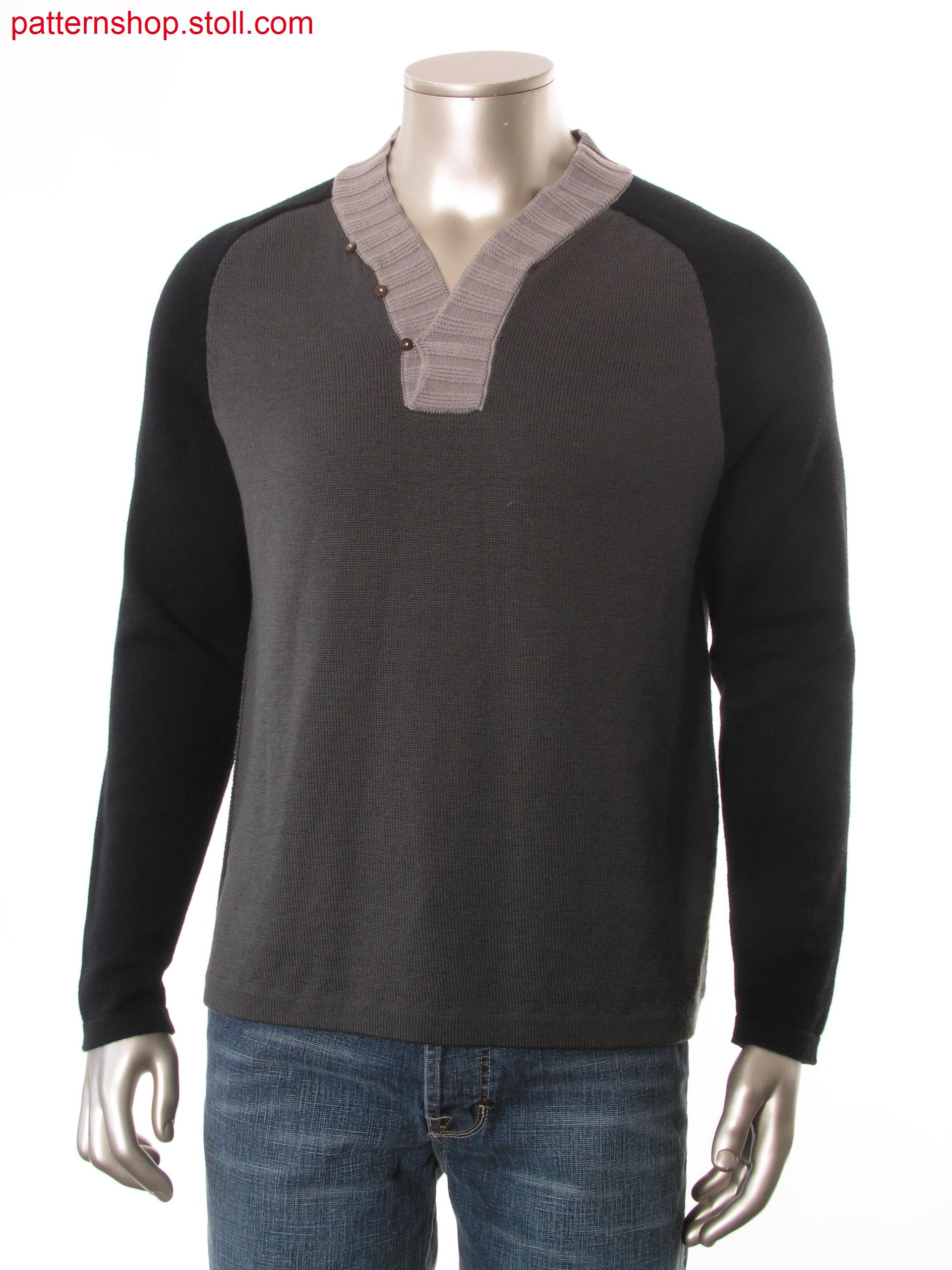 Fully Fashion pullover with button up V-neck and body in layer technique with transferred connection.