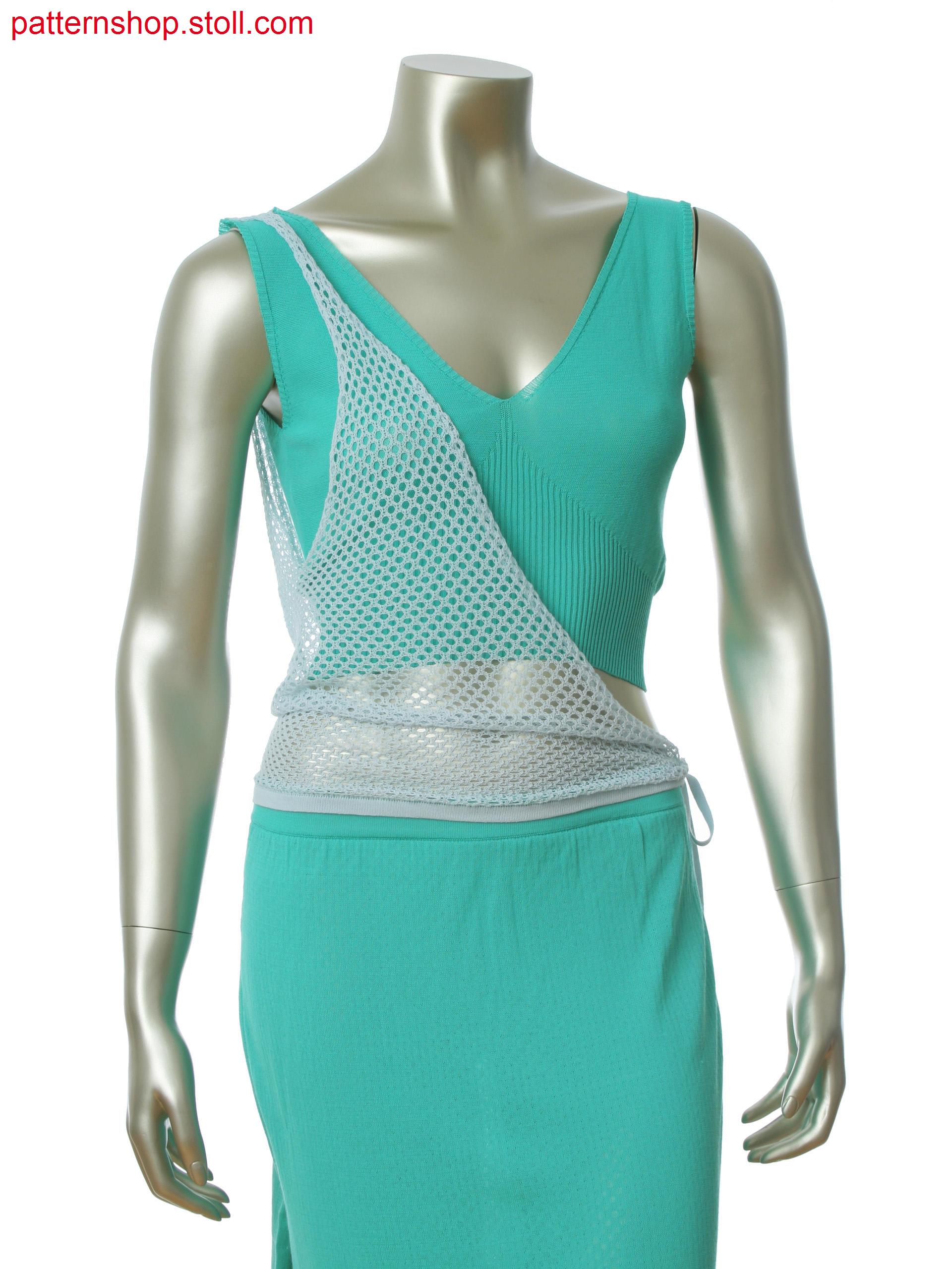Fully Fashion top with one side seam and asymmetric wrapped layer in net structure