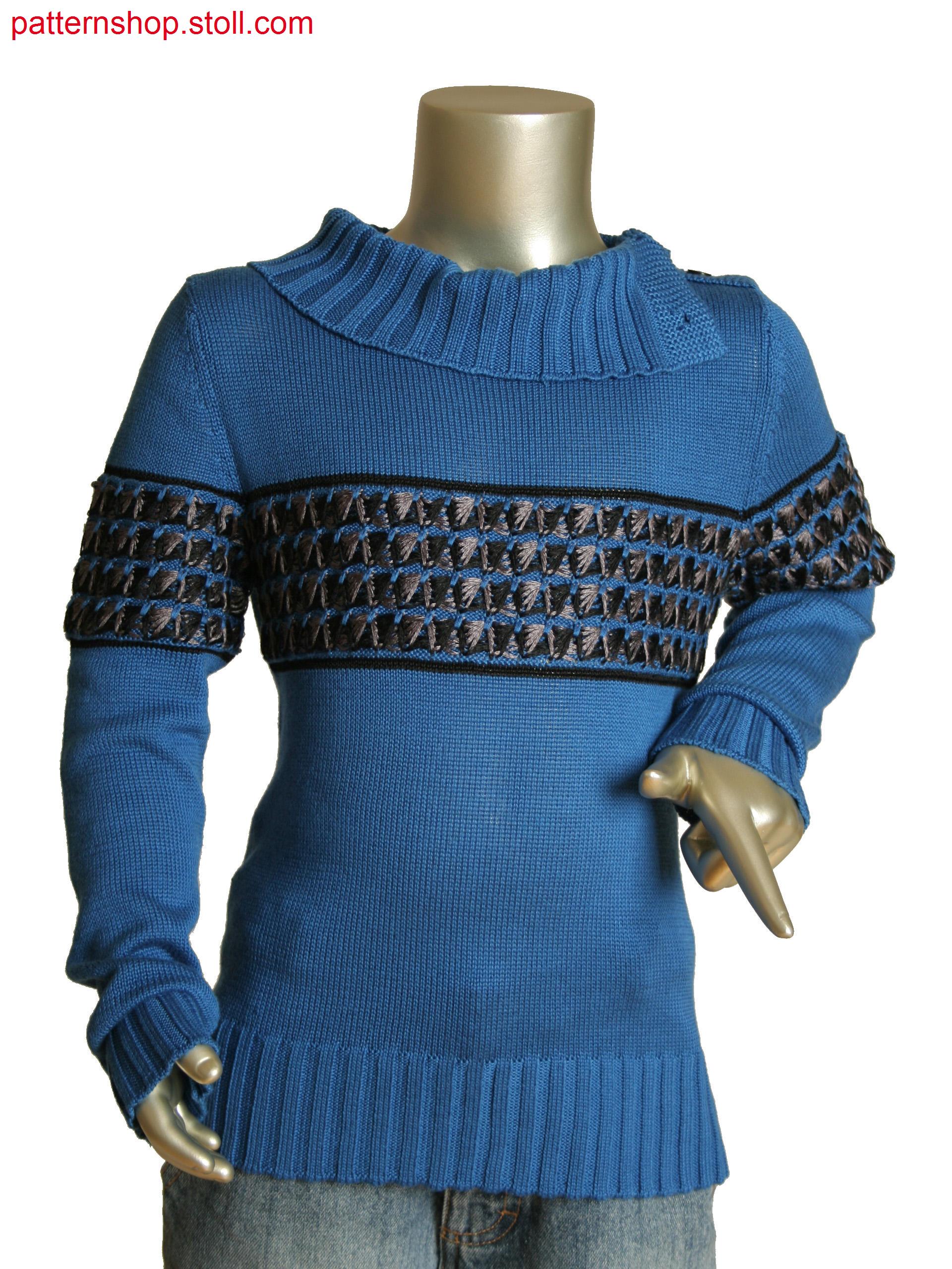 Fully Fashion kids pullover with 3-color tuck structure.Collar in purl and rib structure with integral button hole.