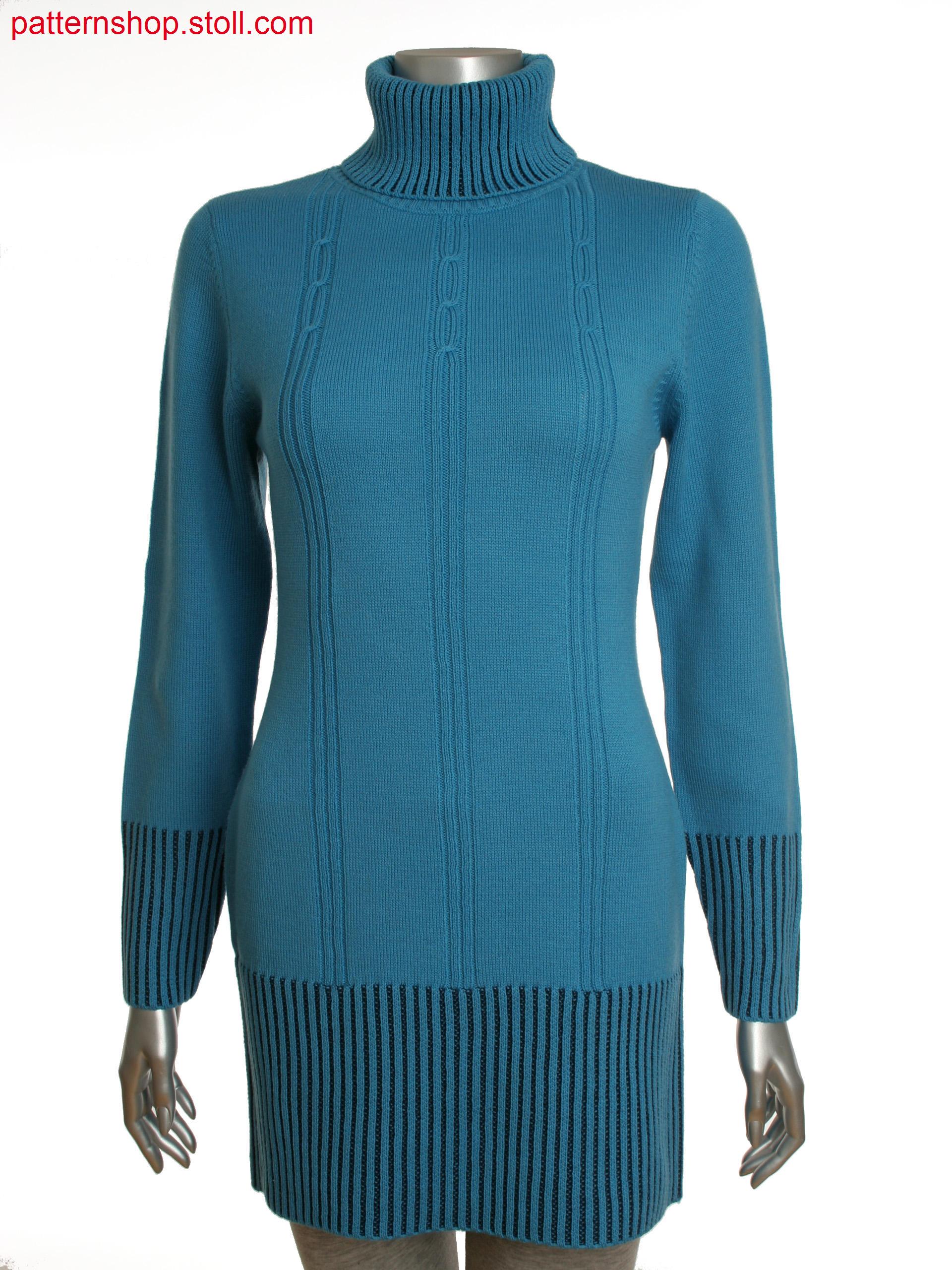 Fully Fashion women's long turtle neck pullover with cabledetail on front and two colored structure at trims