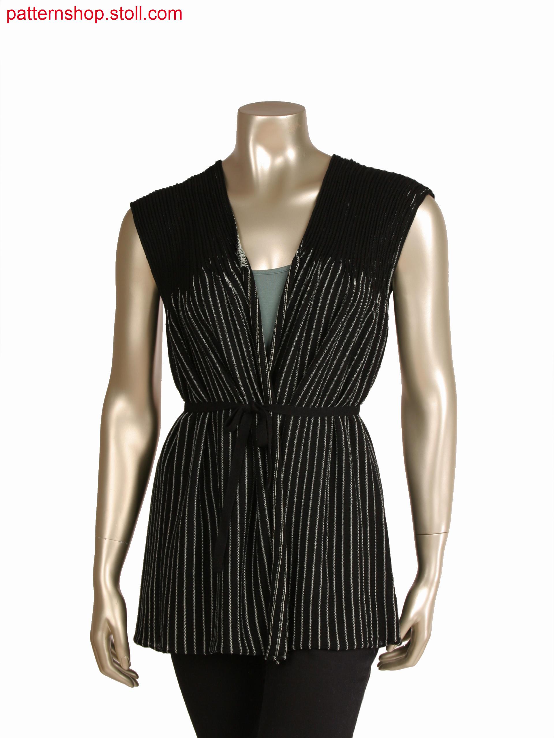 Fully fashion sleeveless cardigan in 1x1 technique, holding stitch structure with racking