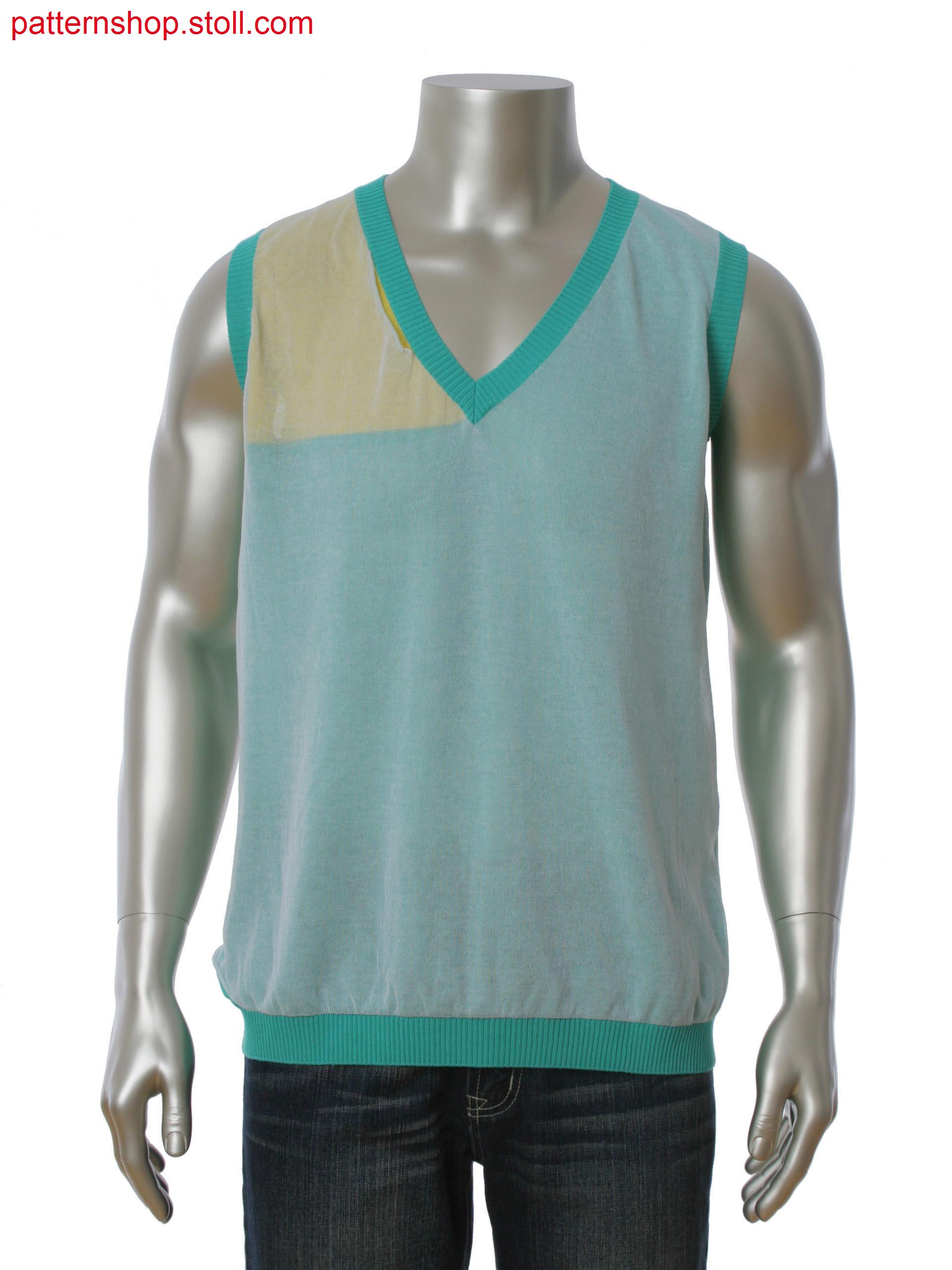 Fully Fashion intarsia sleeveless pullover in layer technique. Kintted in one piece.