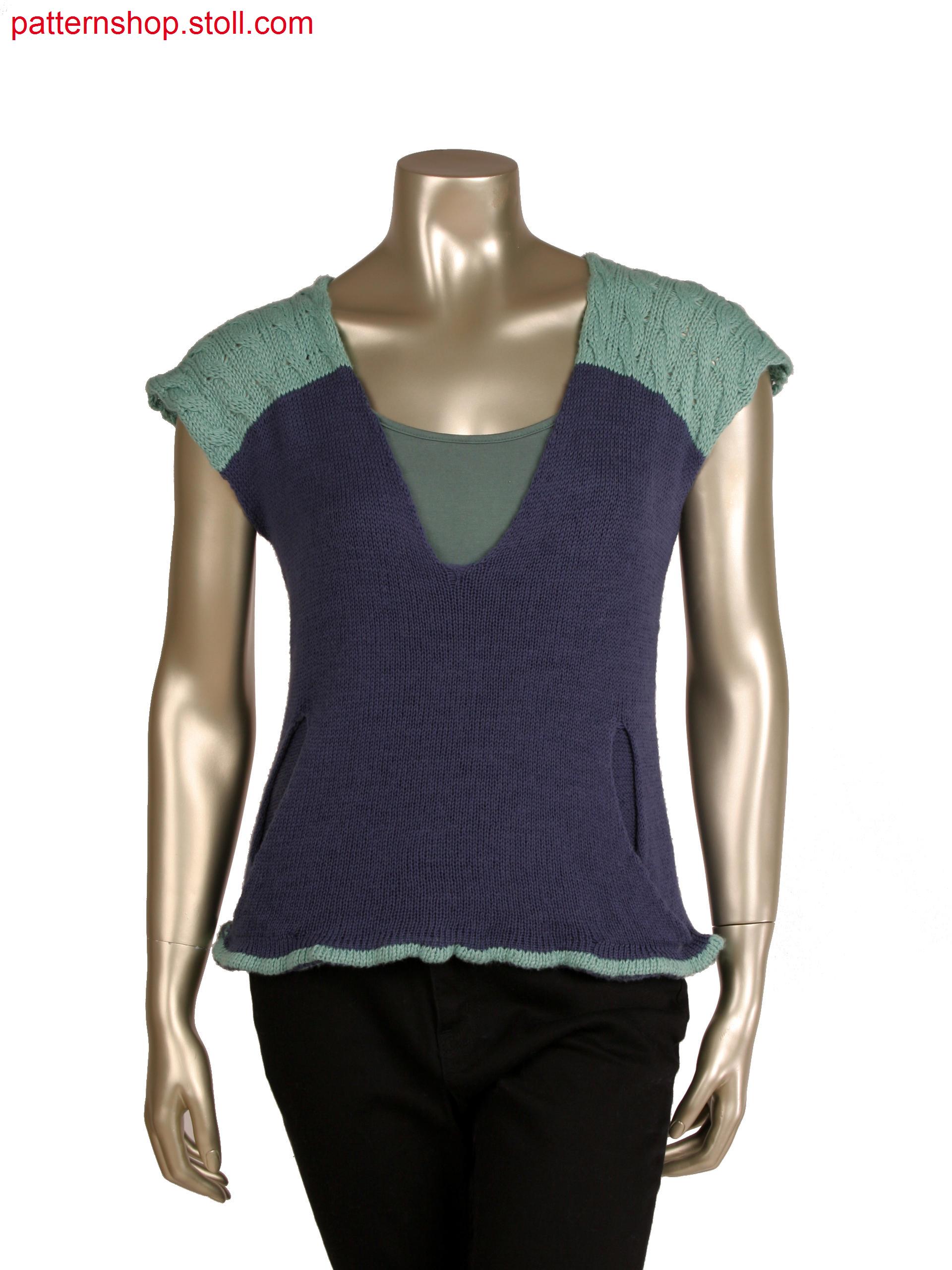 Fully Fashion slipover in 1x1 technique, 3 layer pocket, 3x3 cable in shoulder part