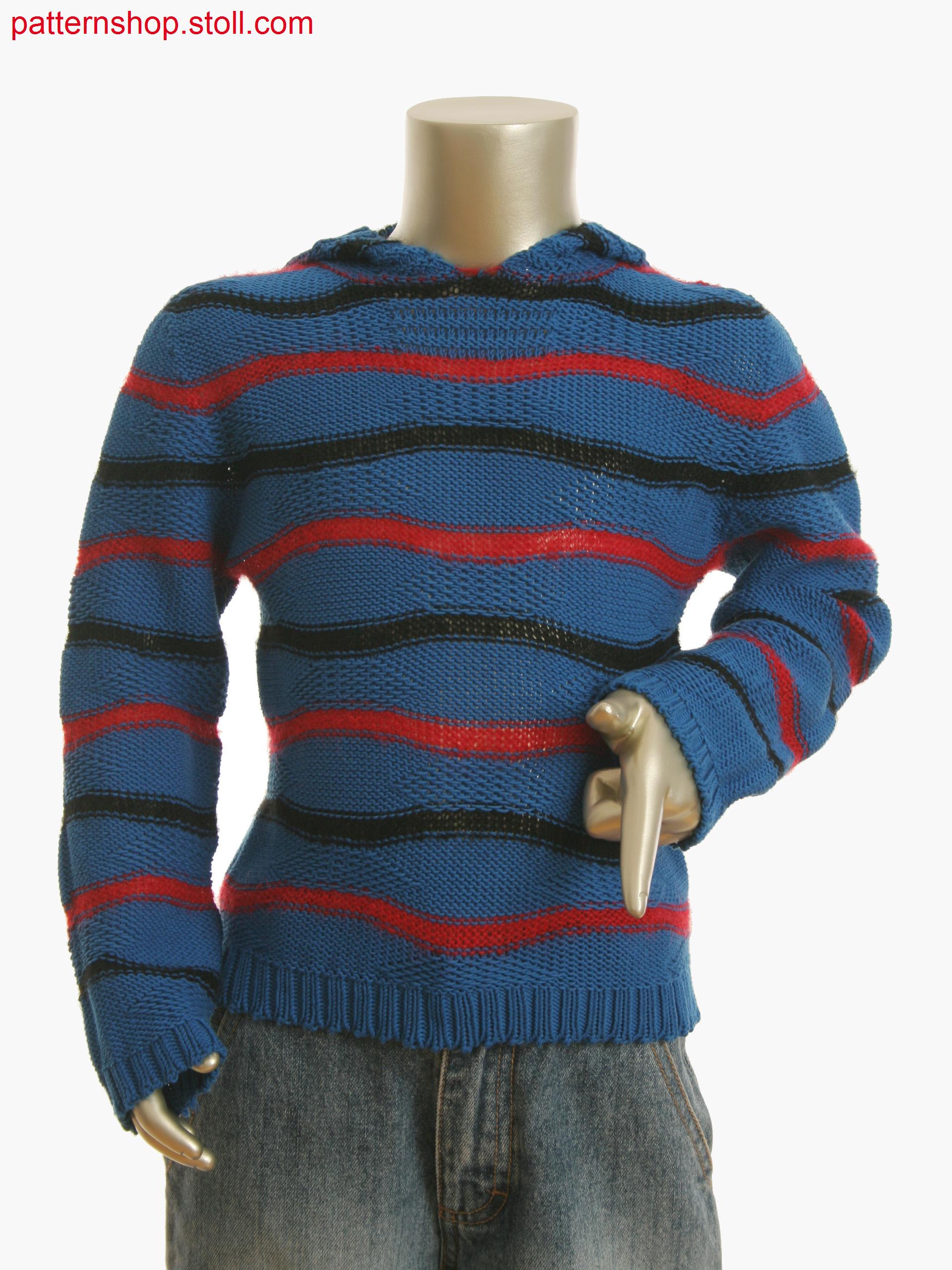 Kids hoody in 3-color stripe and float structure with knitted on trims