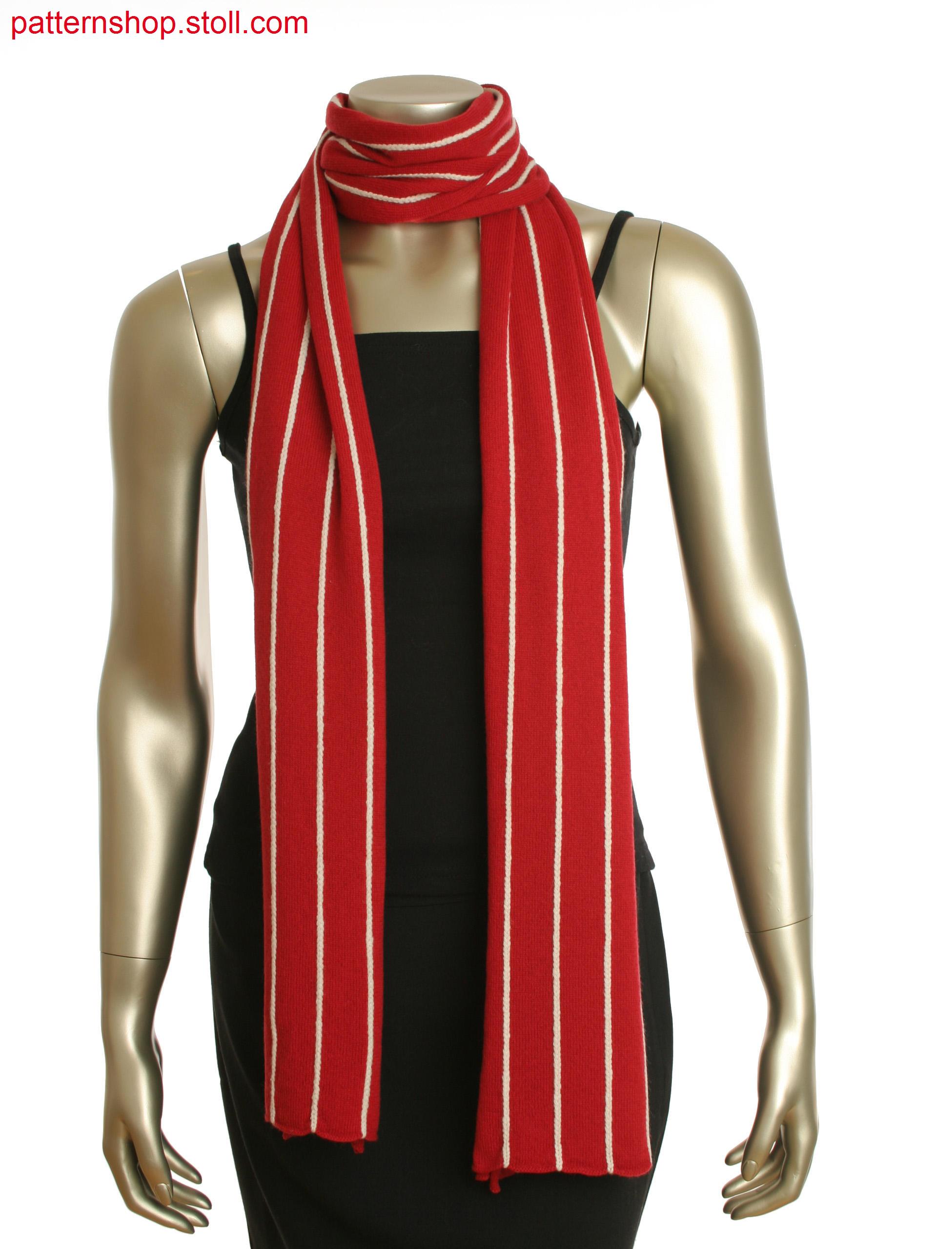 Red single jersey scarf with white vertical linking chain detail to create a pinstripe effect