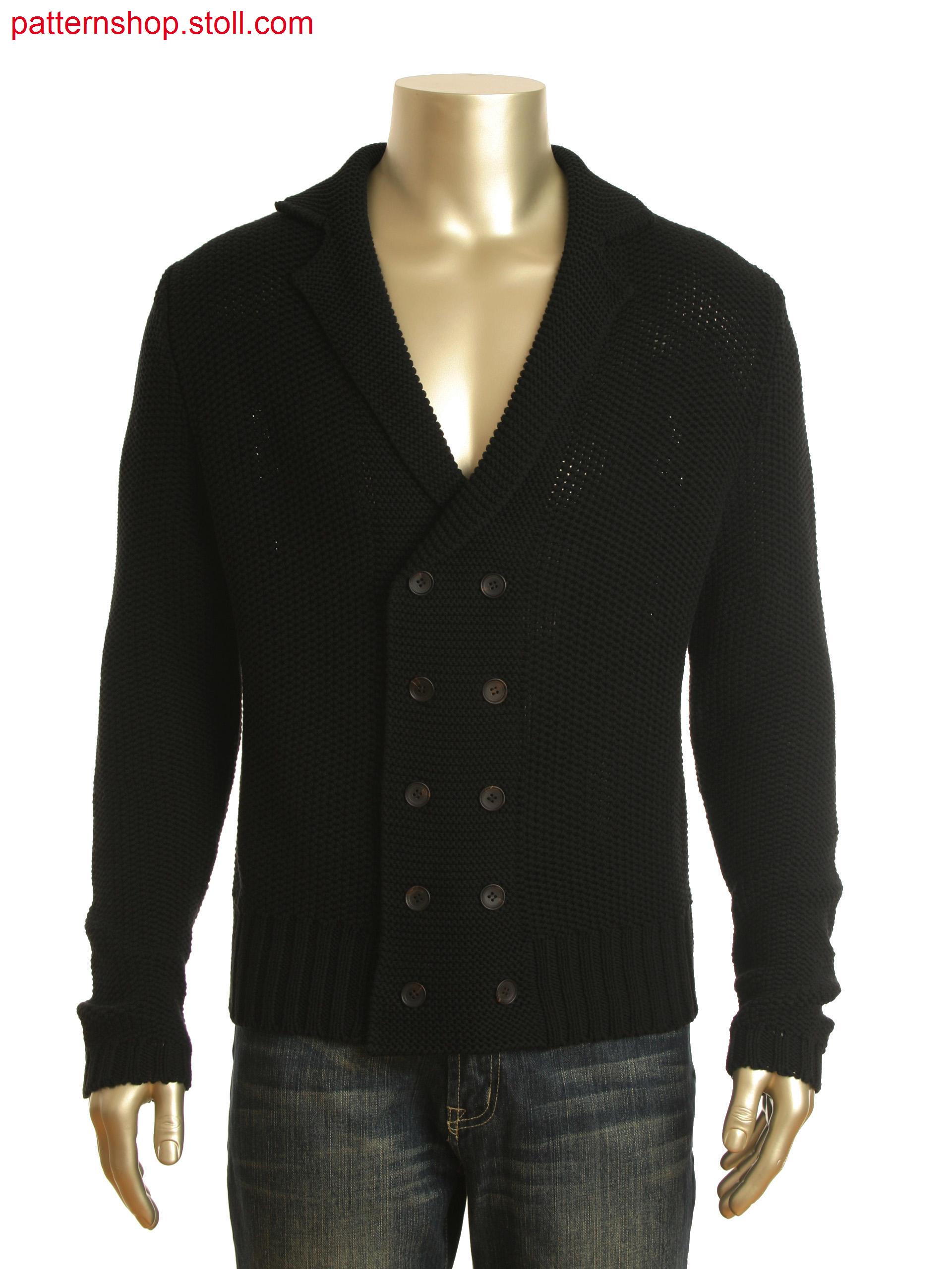 Fully Fashion lapel collar cardigan in pique and purl structure with strap in layer technology at the back.