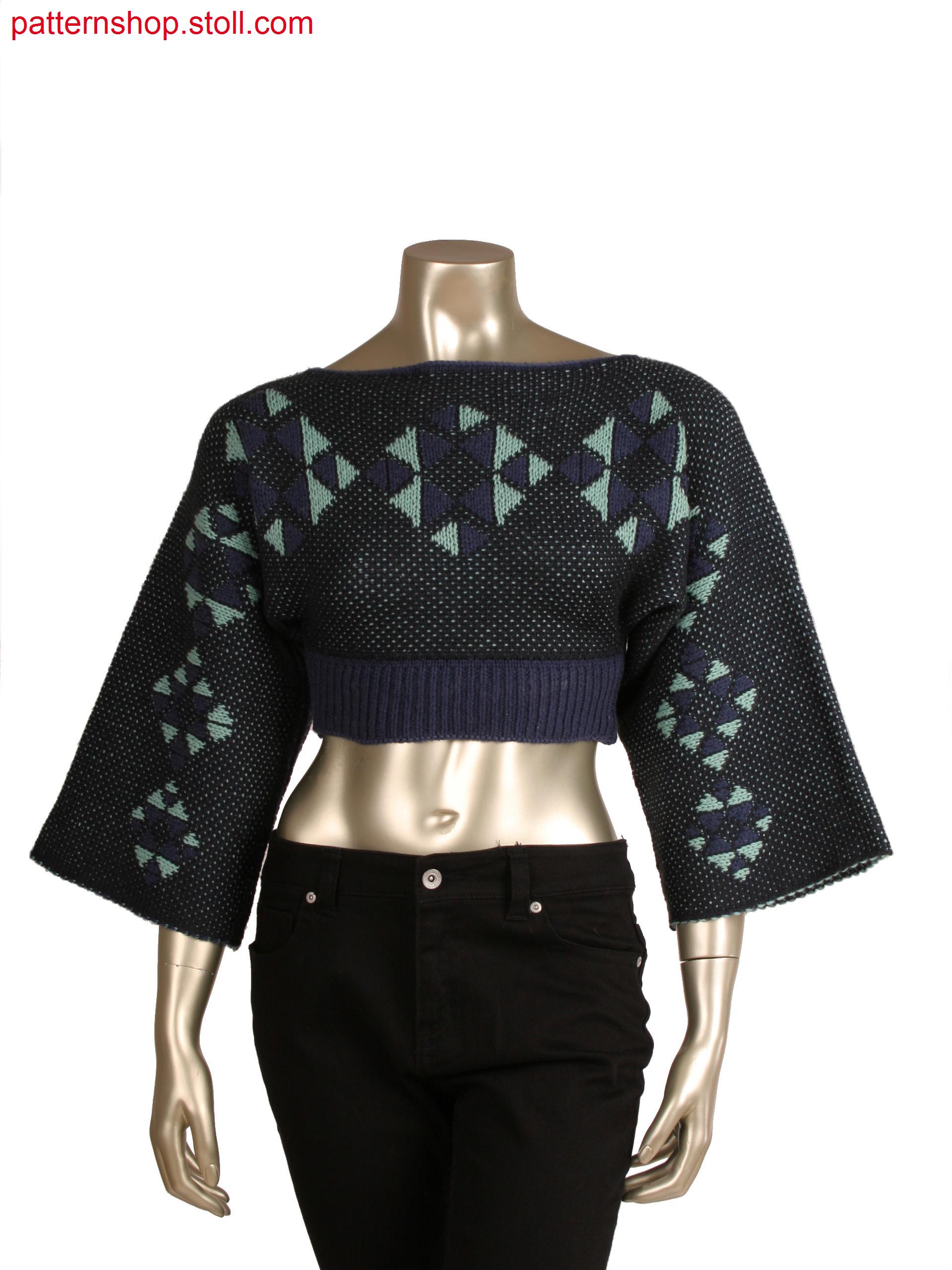 Fully fashion top with 3 colour net jacquard, knitted in one piece