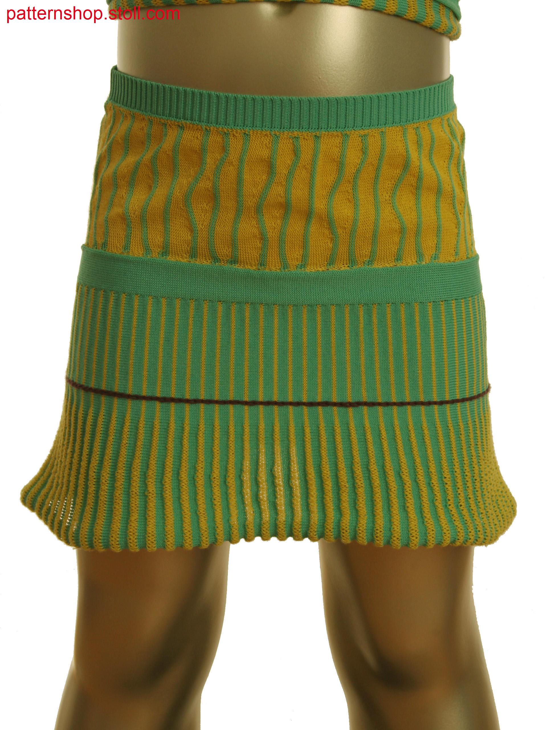 Fully Fashion 3-color skirt with gore technique, tubular andcast off structure.