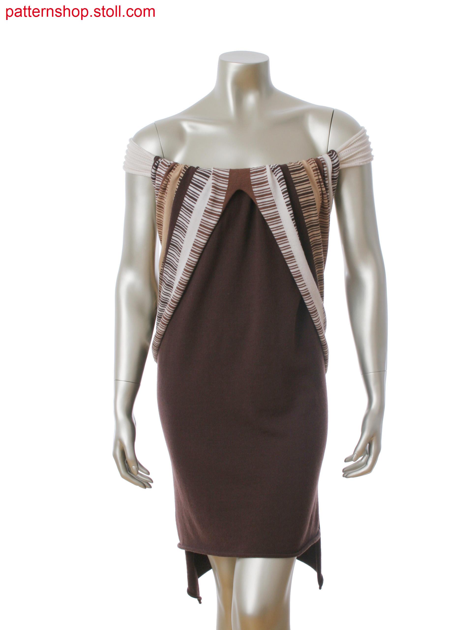 Intarsia dress with seamless shoulder, body band in 1x1 technique, ripple structure and gore technique.