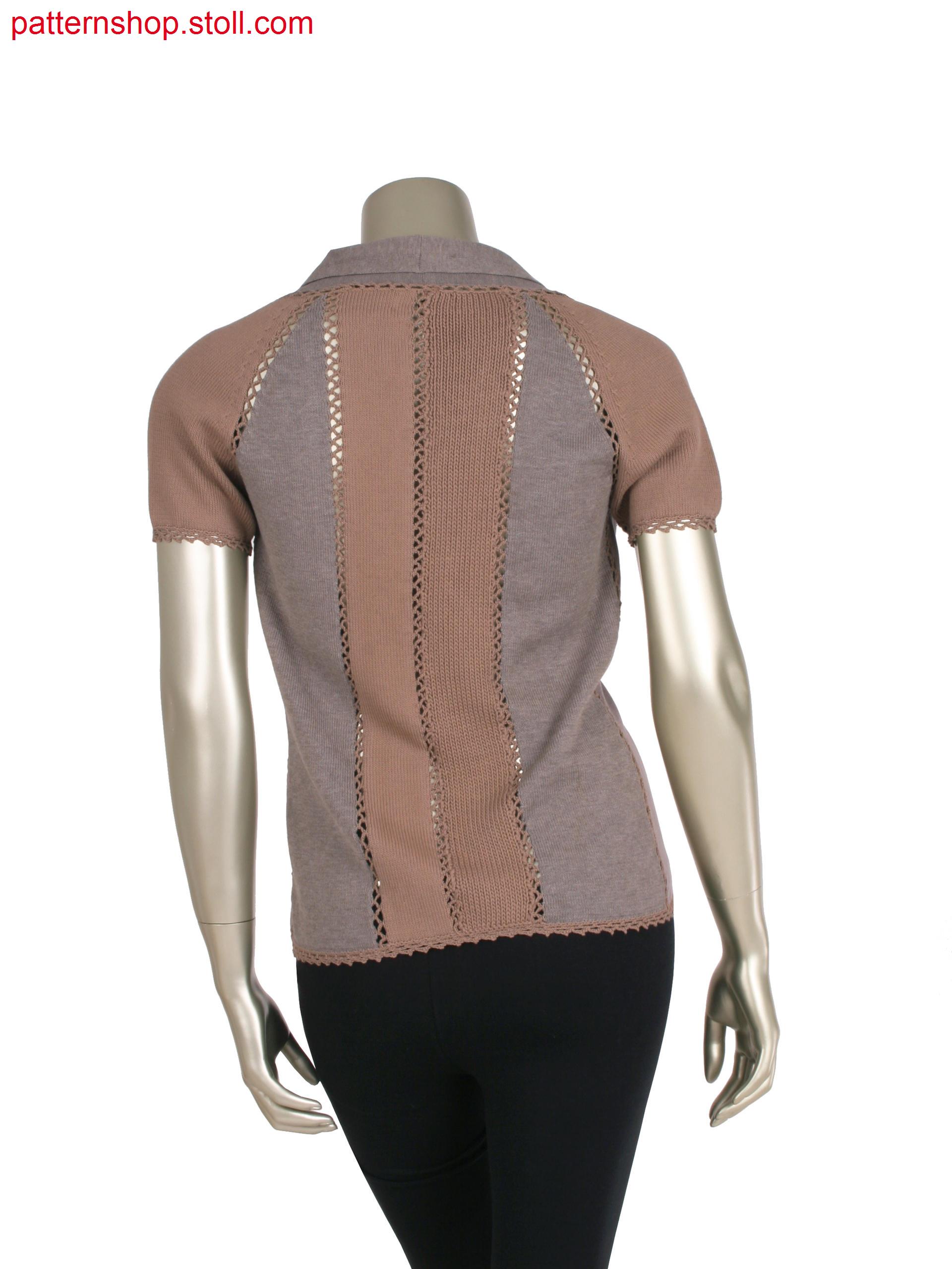 Fully Fashion jacket with shawl collar, patches knitted ondifferent machines, connection by crochet