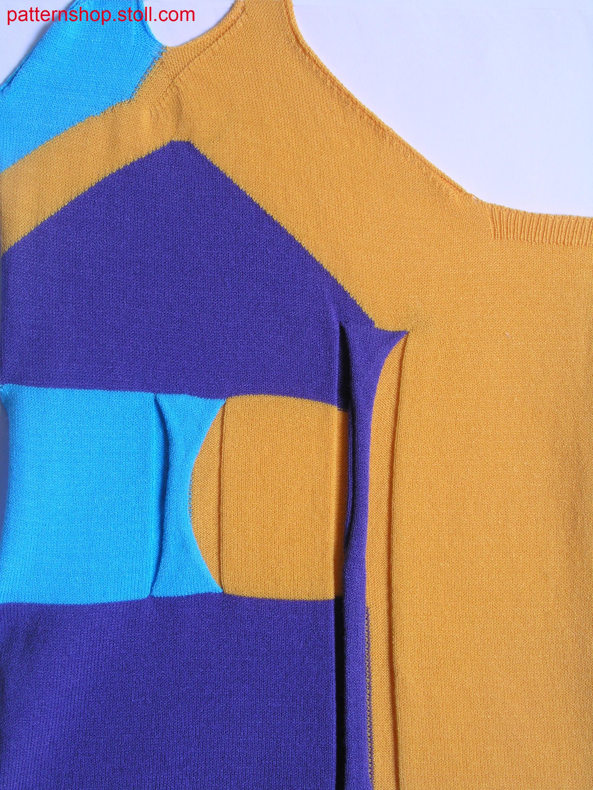 Fully Fashion-intarsia knit swatch with tape applications / Fully Fashion-Intarsia Strickteil mit Bandapplikationen