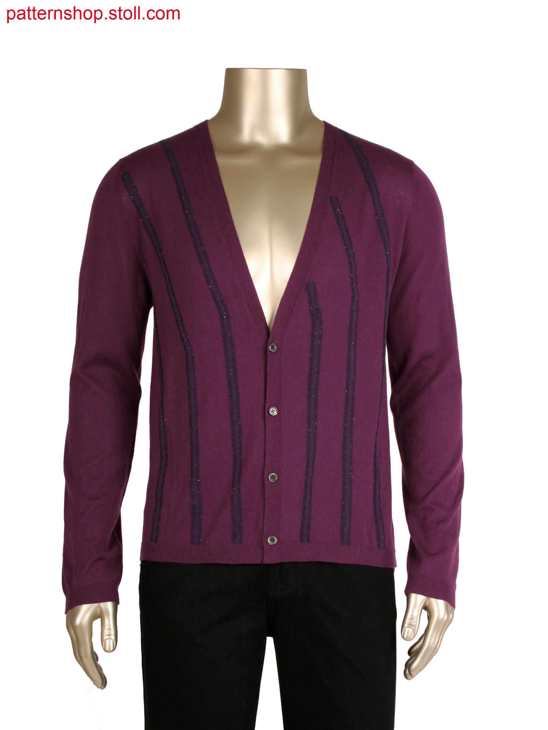 Fully Fashion cardigan with french shoulder, intarsia stripe in alternate knitting with float connection