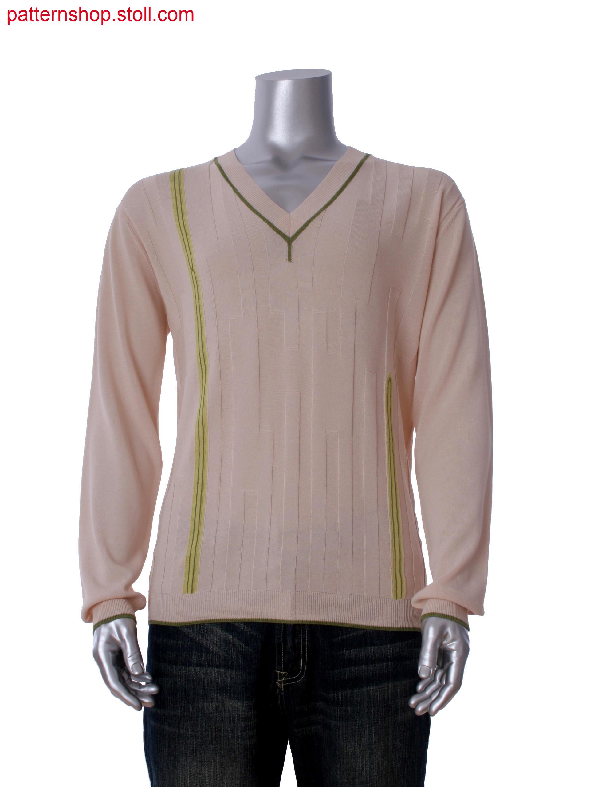 Fully Fashion V-neck pullover in 3-color intarsia and purl structure