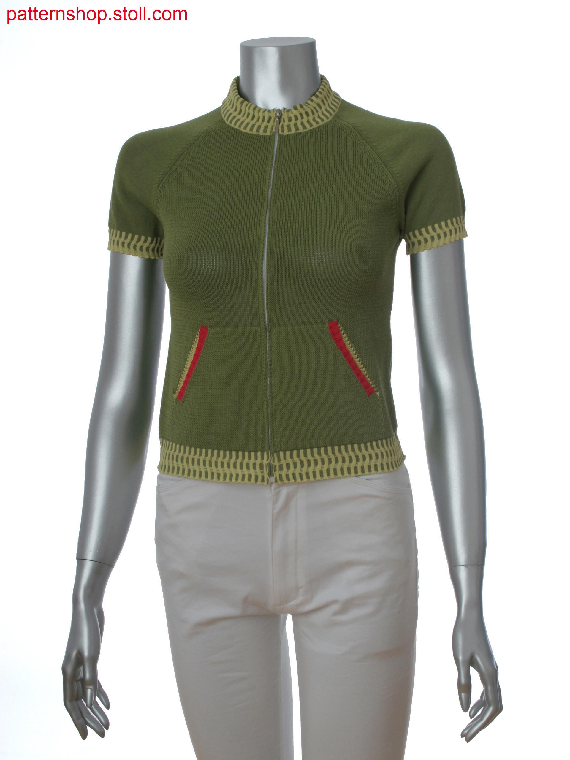 Fully Fashion cardigan with raglan short sleeve and intarsiapatch pocket 2-color float jacquard as a border