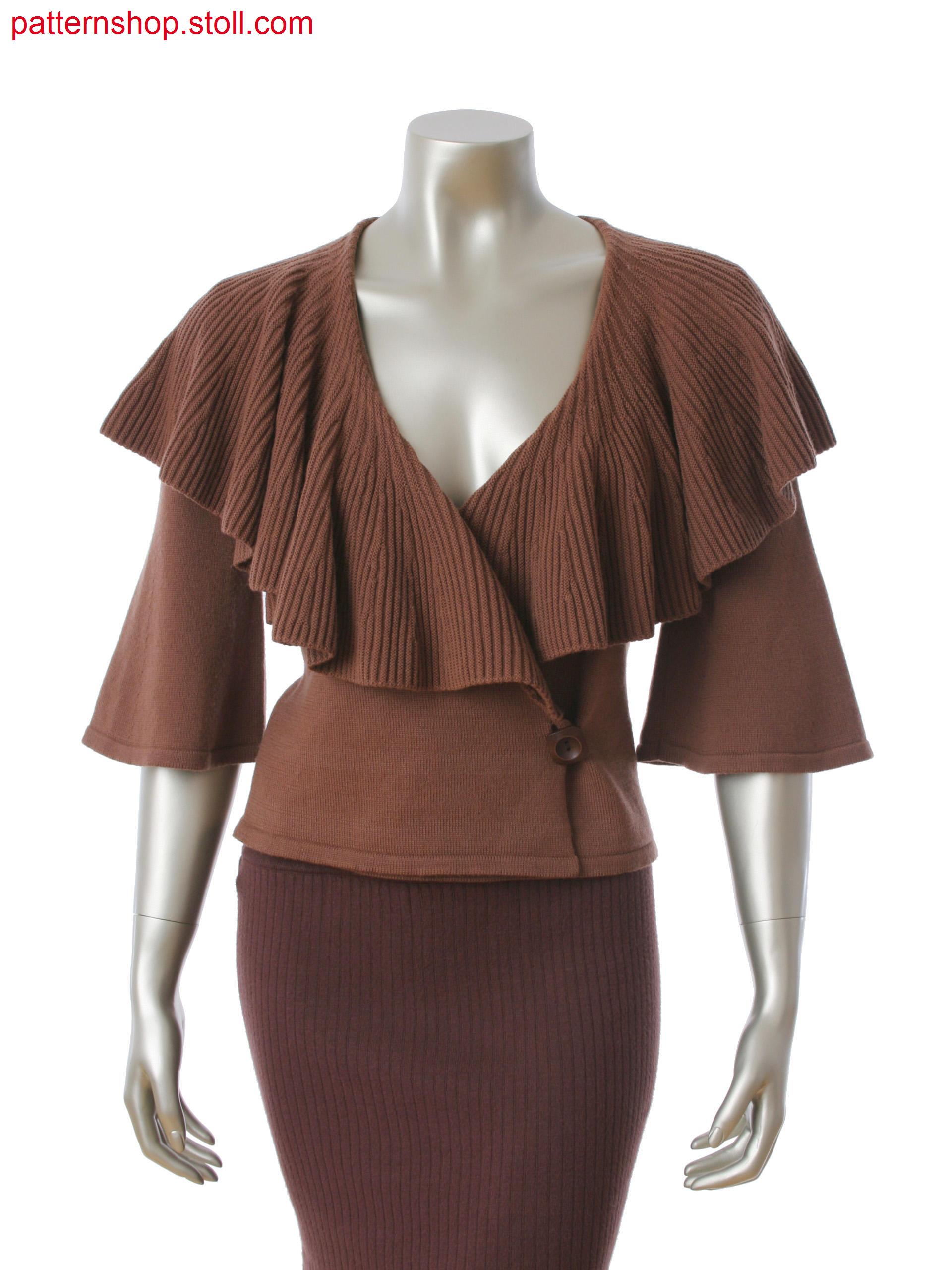 Fully Fashion cardigan with shawl collar, integral button hole. Transfer structure in gore technique at collar.