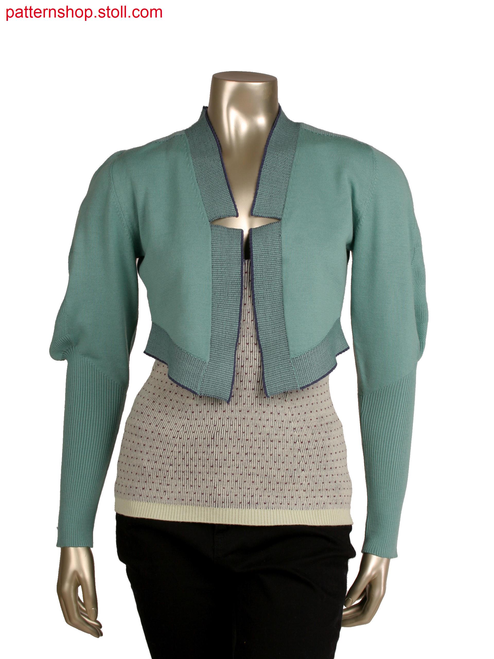 Fully fashion jacket, sleeve volume by racked structure, gore technique in body panel, 2x2 rib with inlayed floats