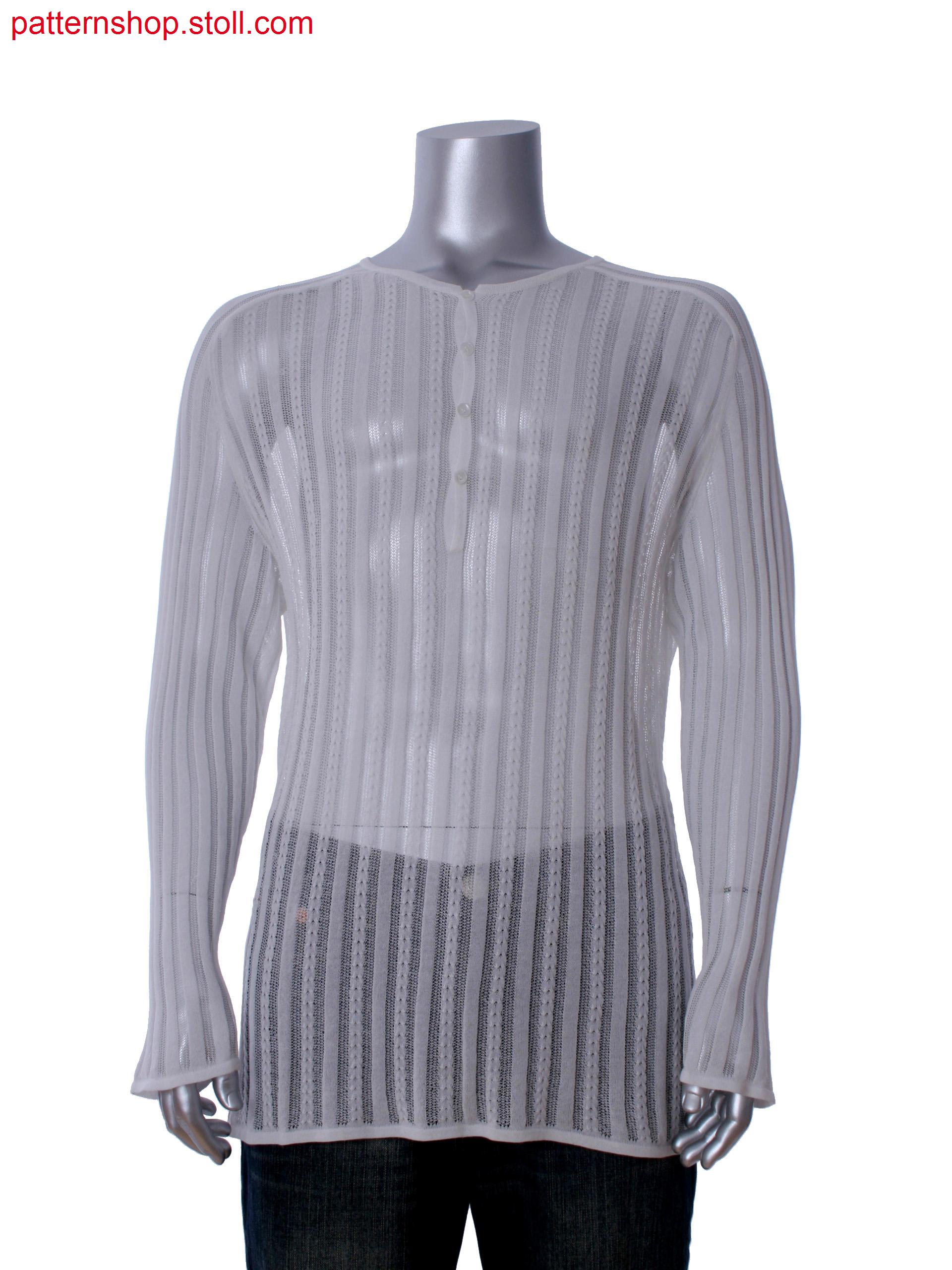 Fully Fashion long sleeve T-shirt with saddle shoulder, tuck& cable structure and integral placket with button holes