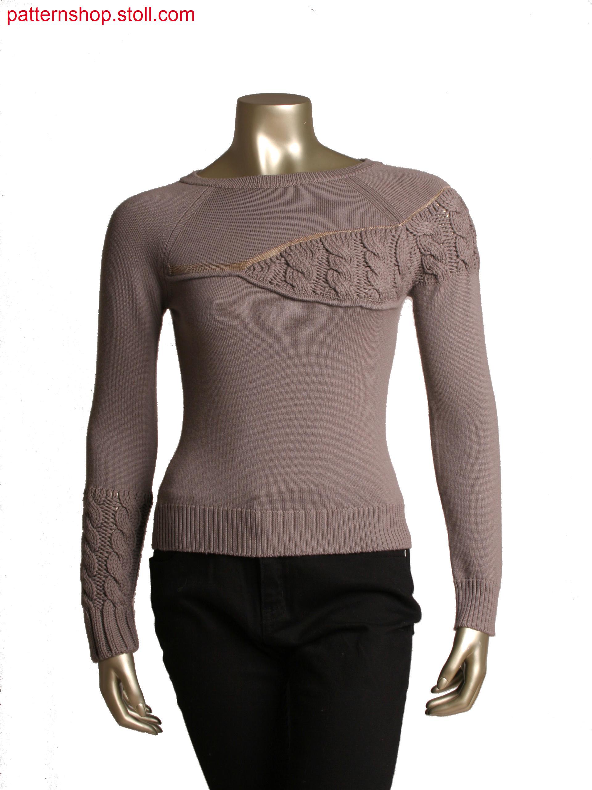 Fully Fashion pullover, Stoll-multi gauges, cable structure in 1x2 technique and gore technique