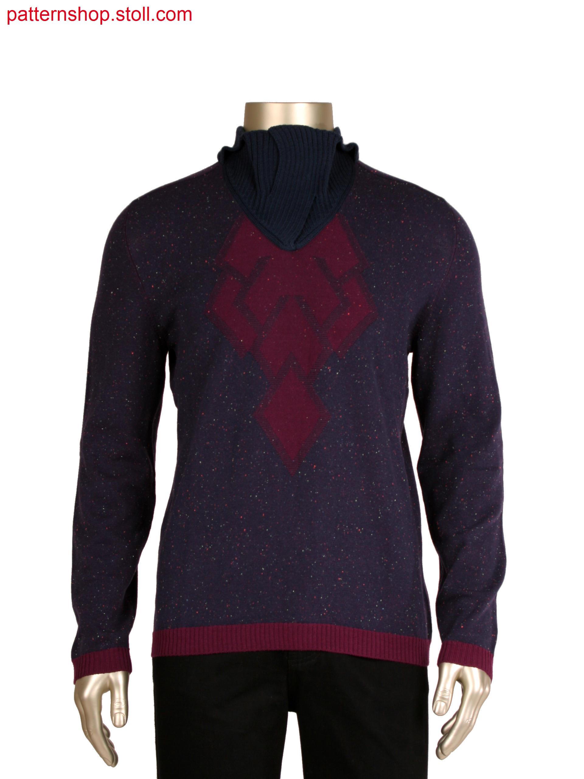 Fully fashion pullover in 2 colour plated structure, motifin links/links, 2x2 rib collar in 1x1 technique, cross cable