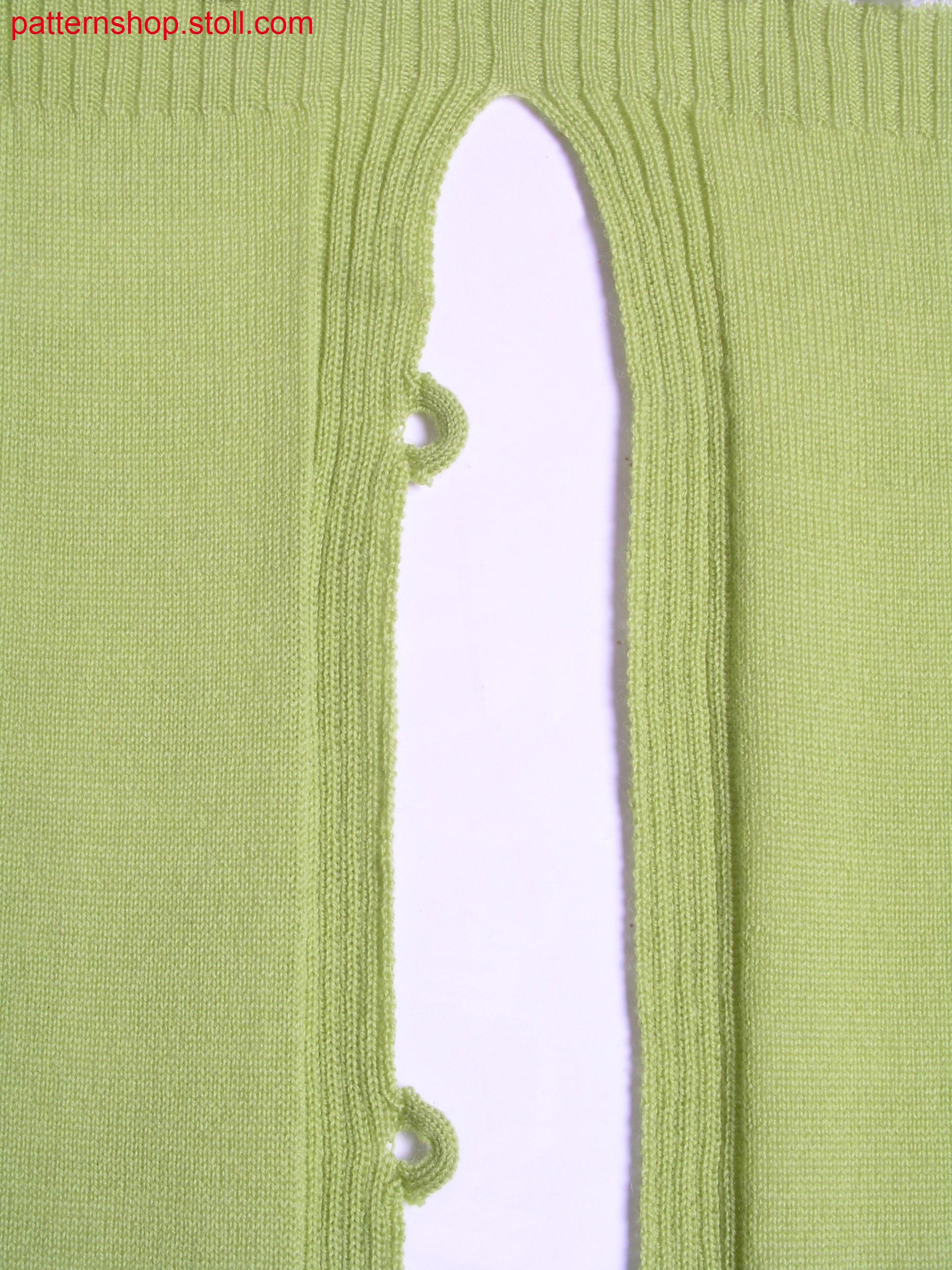 Swatch with knitted on button panel and button loops / Musterausschnitt mit angestrickter Knopfleiste und Knopfschlingen