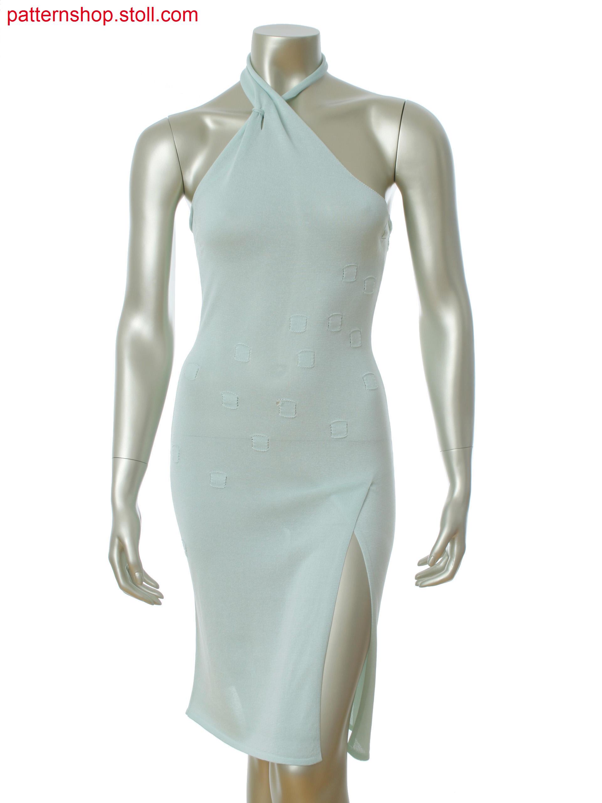 Fully Fashion dress with draped neckline and overlapping slit. Motif in gore technique.