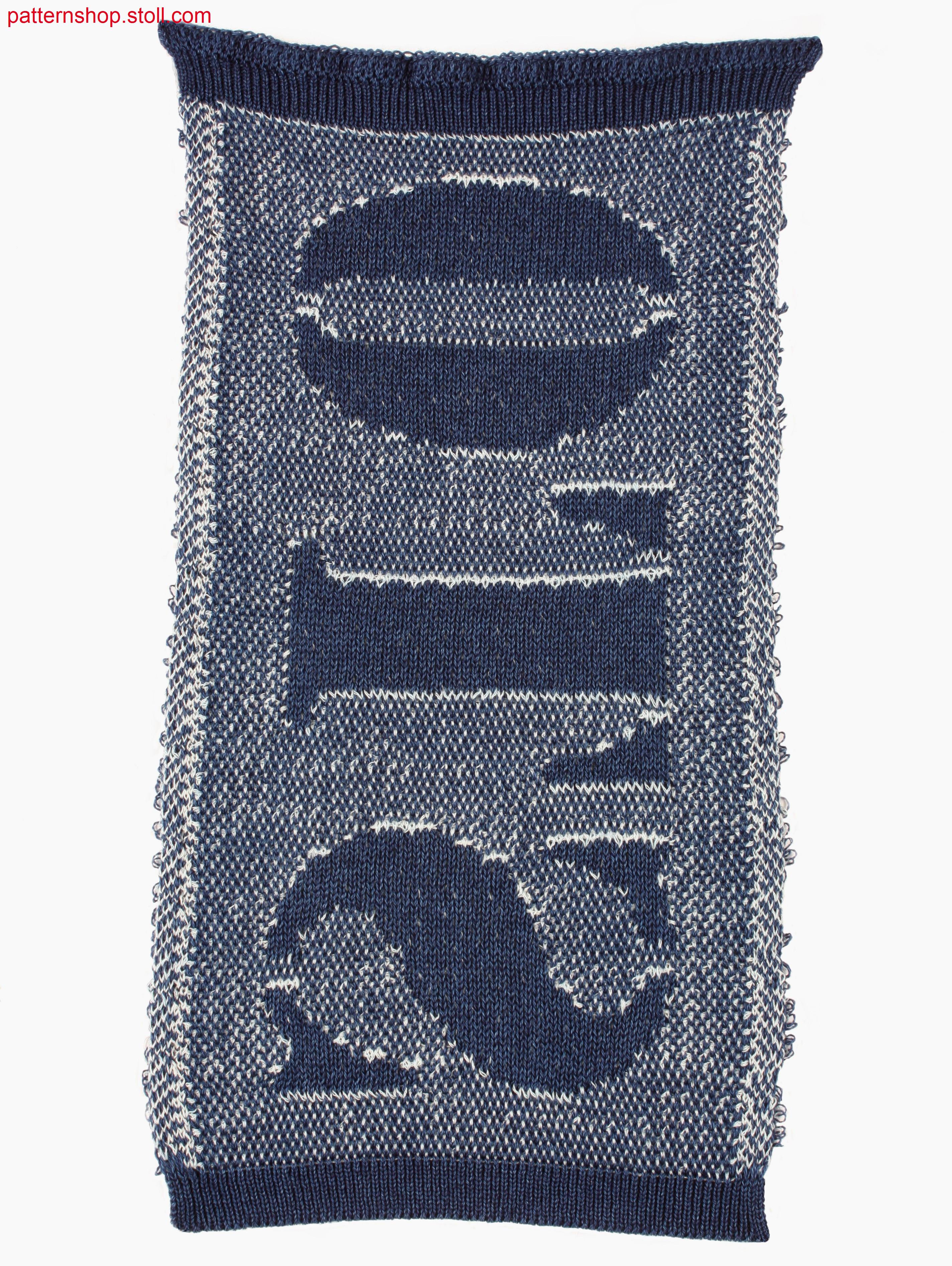 Swatch with 1x1 rib cuff and letters in 2-colour transfer float jacquard