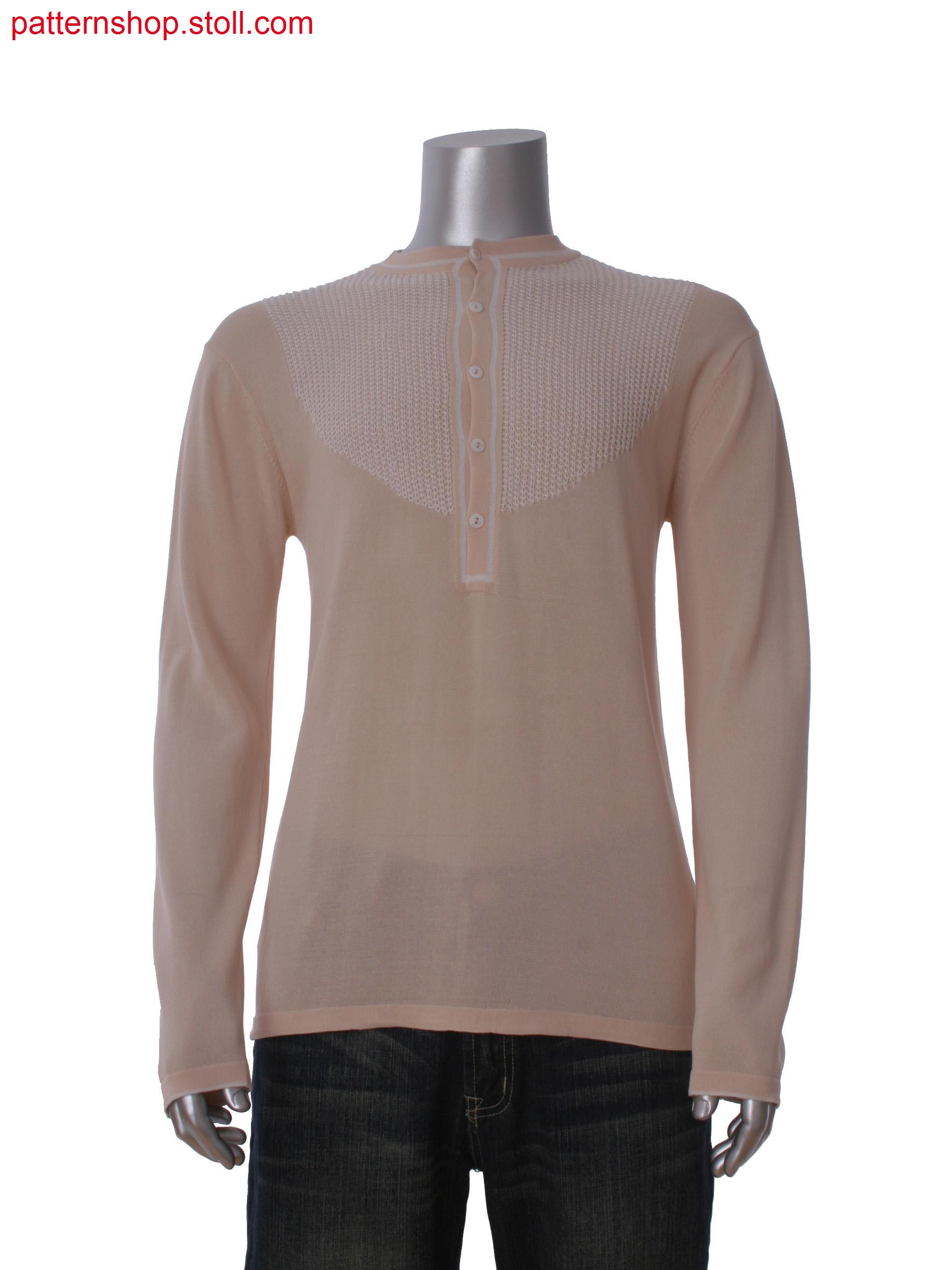 Fully Fashion T-shirt with knitted on placket with buttonholes and ornamental intarsia structure