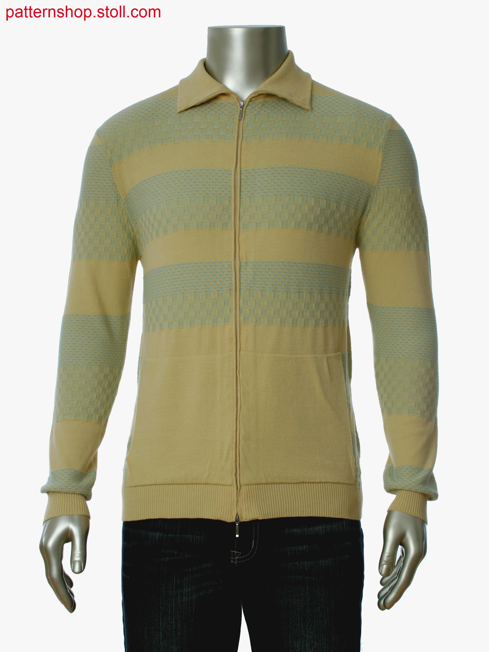 Fully Fashion cardigan with tuck and jersey structure. Shirtcollar and insert pocket.