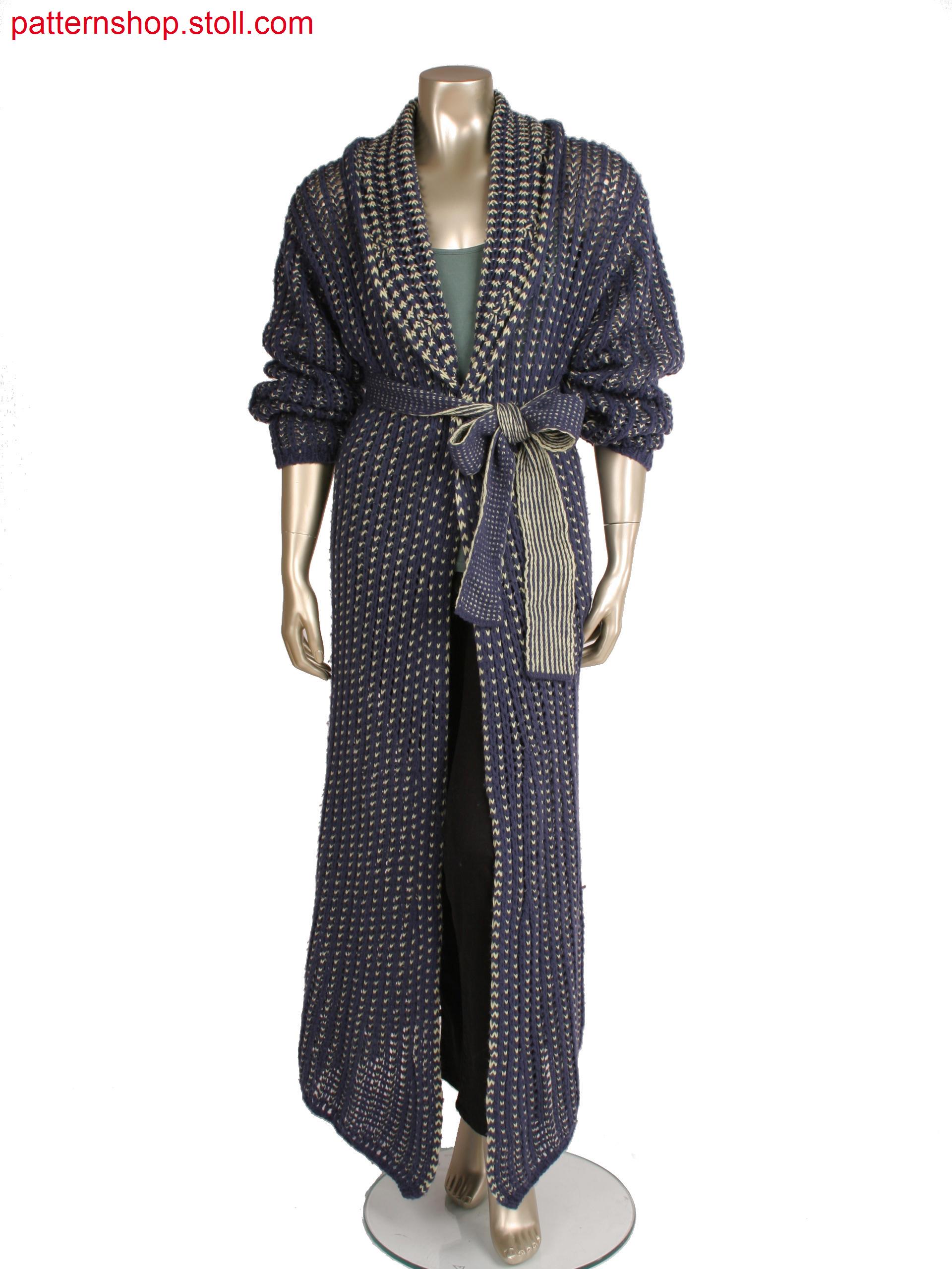 Fully fashion coat with integrated shawl collar, net structure in 2 colour stripes